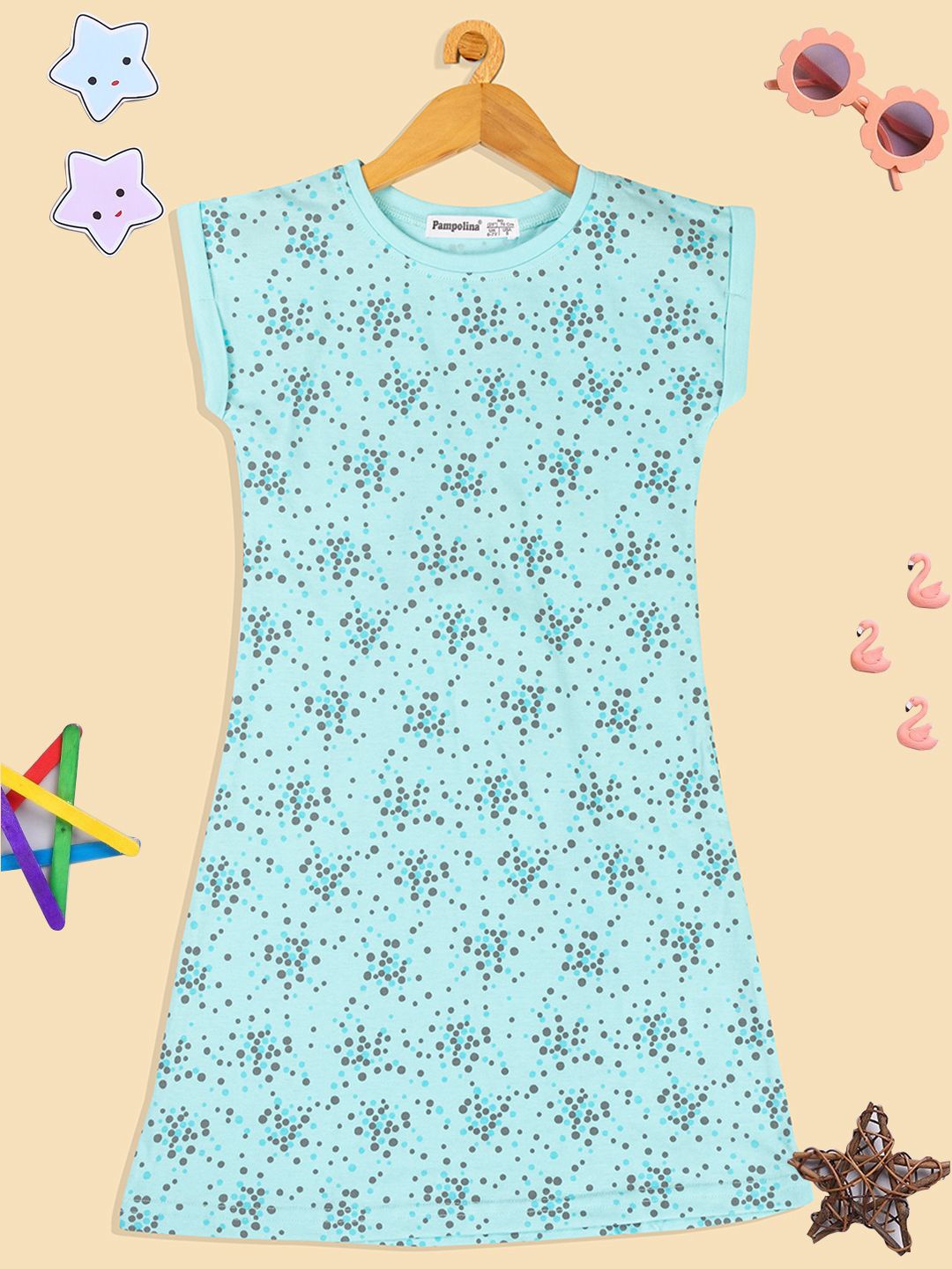 

PAMPOLINA Girls Printed A-Line Dress, Turquoise blue