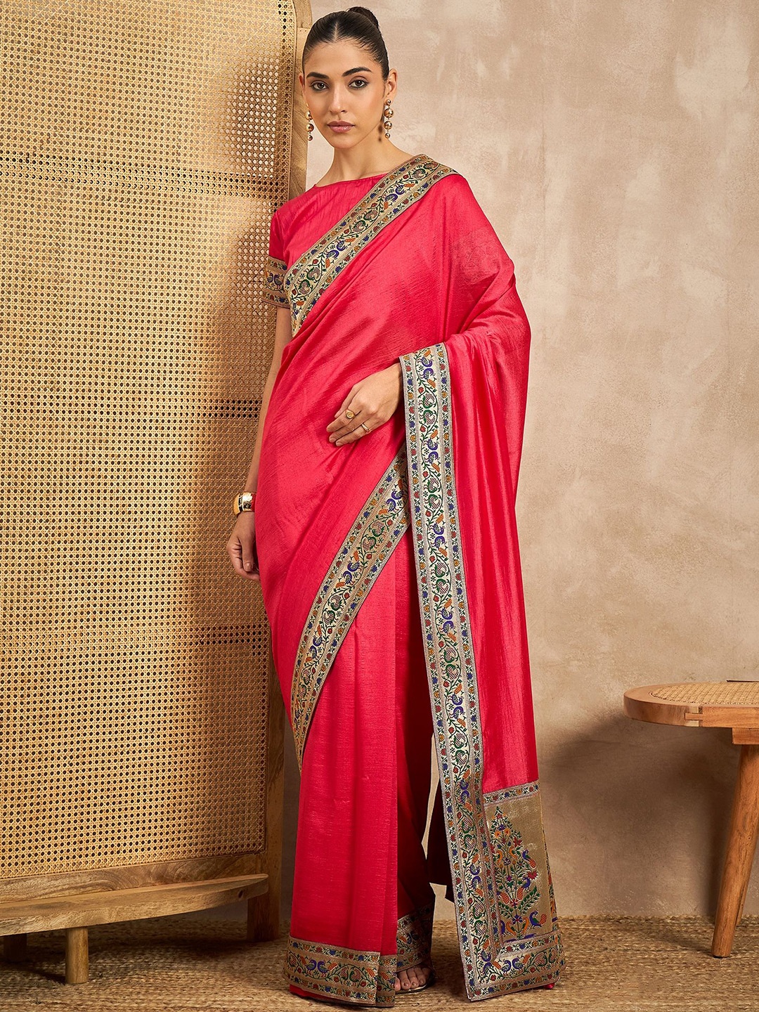 

all about you Woven Design Embroidered Mysore Silk Saree, Red