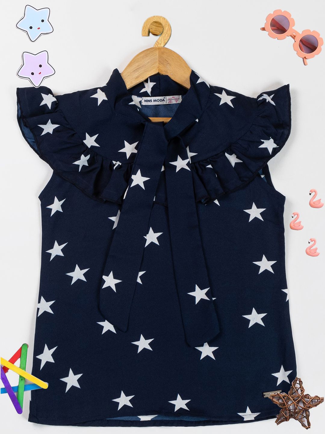 

PAMPOLINA Girls Printed Ruffles Tie-Up Neck Top, Navy blue