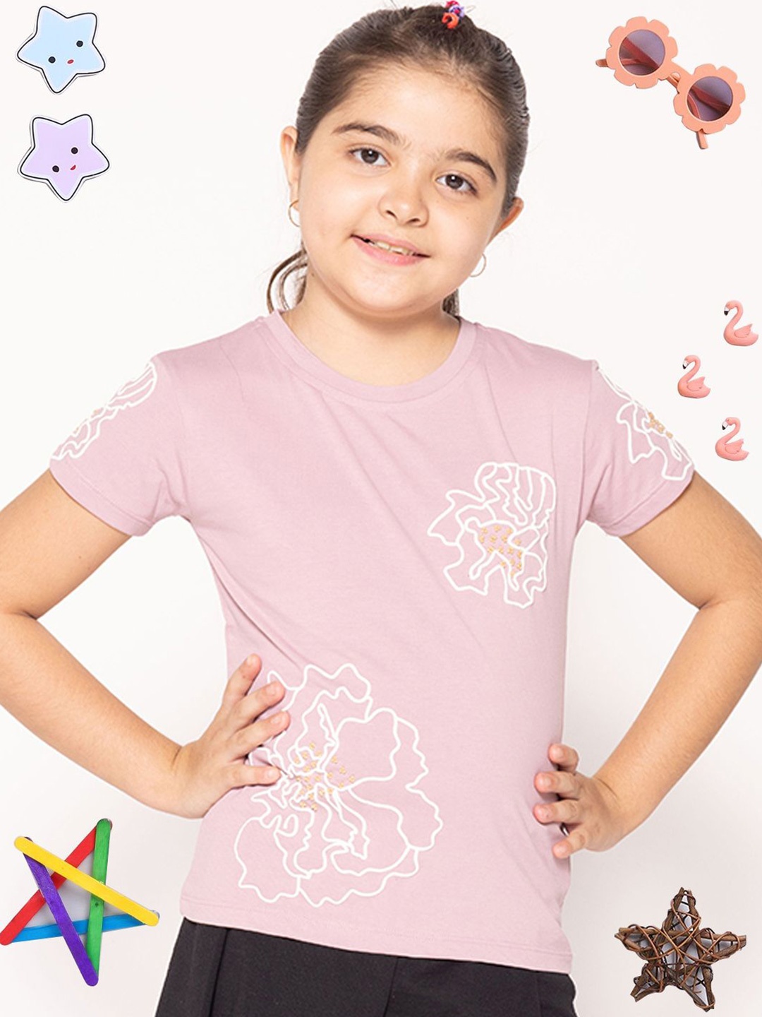 

PAMPOLINA Girls Printed Round Neck Top, Pink