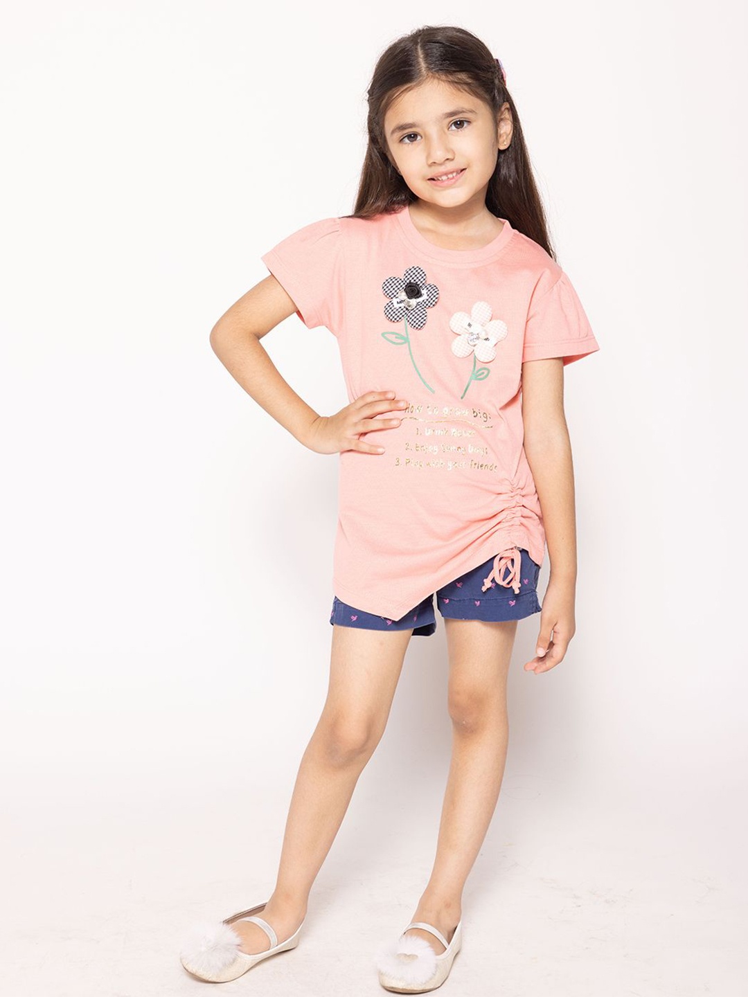 

PAMPOLINA Girls Round Neck Applique Printed Top, Peach