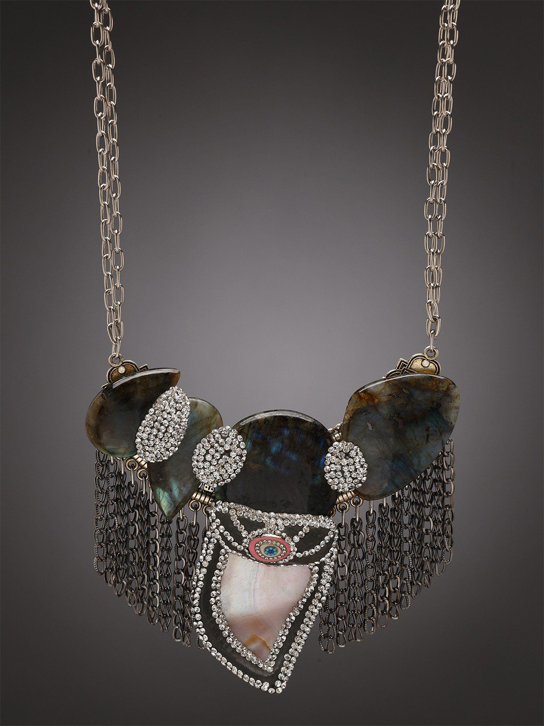 

Exotic India Labradorite Double Strand Necklace with Mother of Pearl, Silver