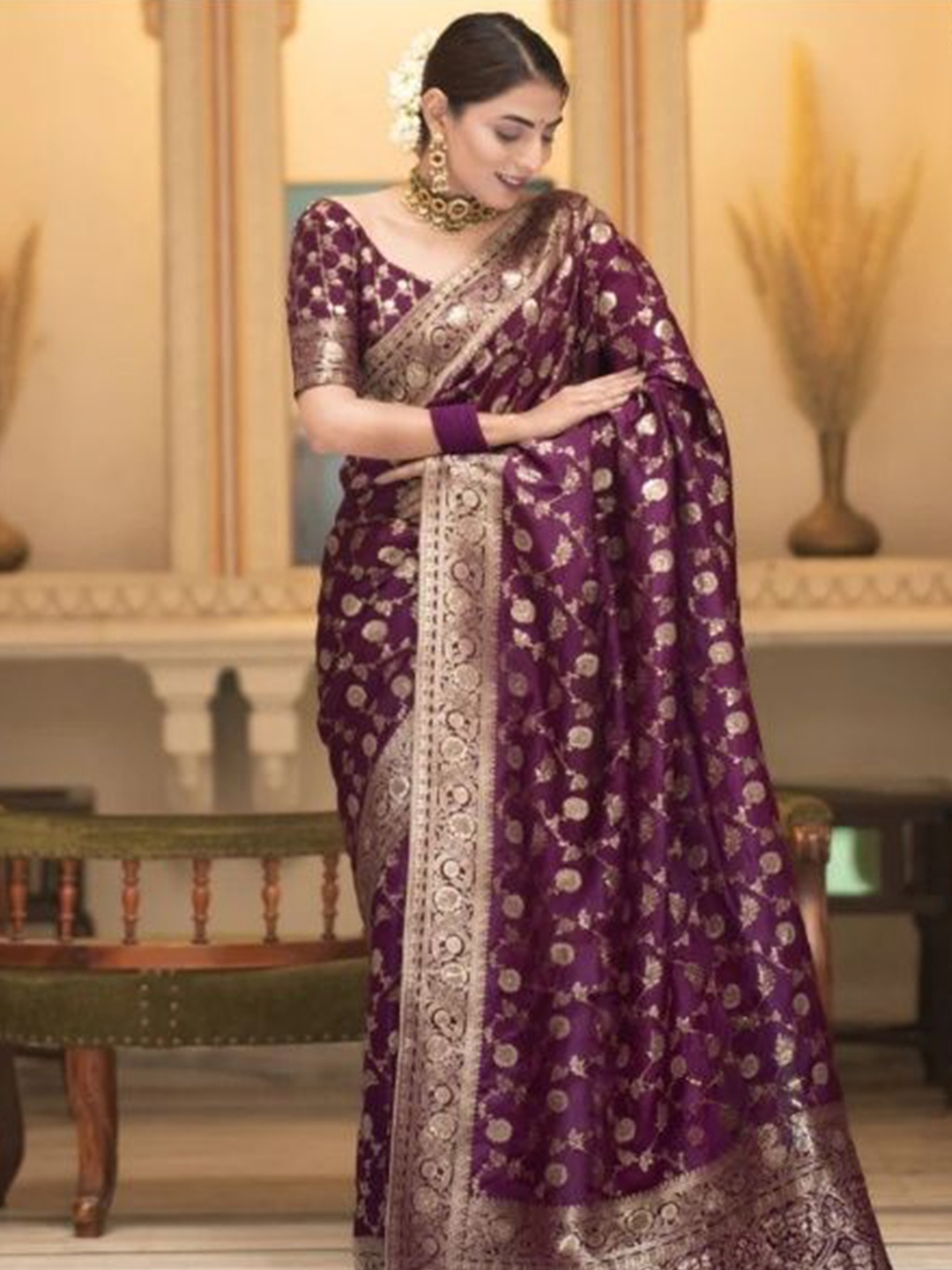 

PHEASANT Ethnic Motifs Zari Banarasi Saree, Magenta