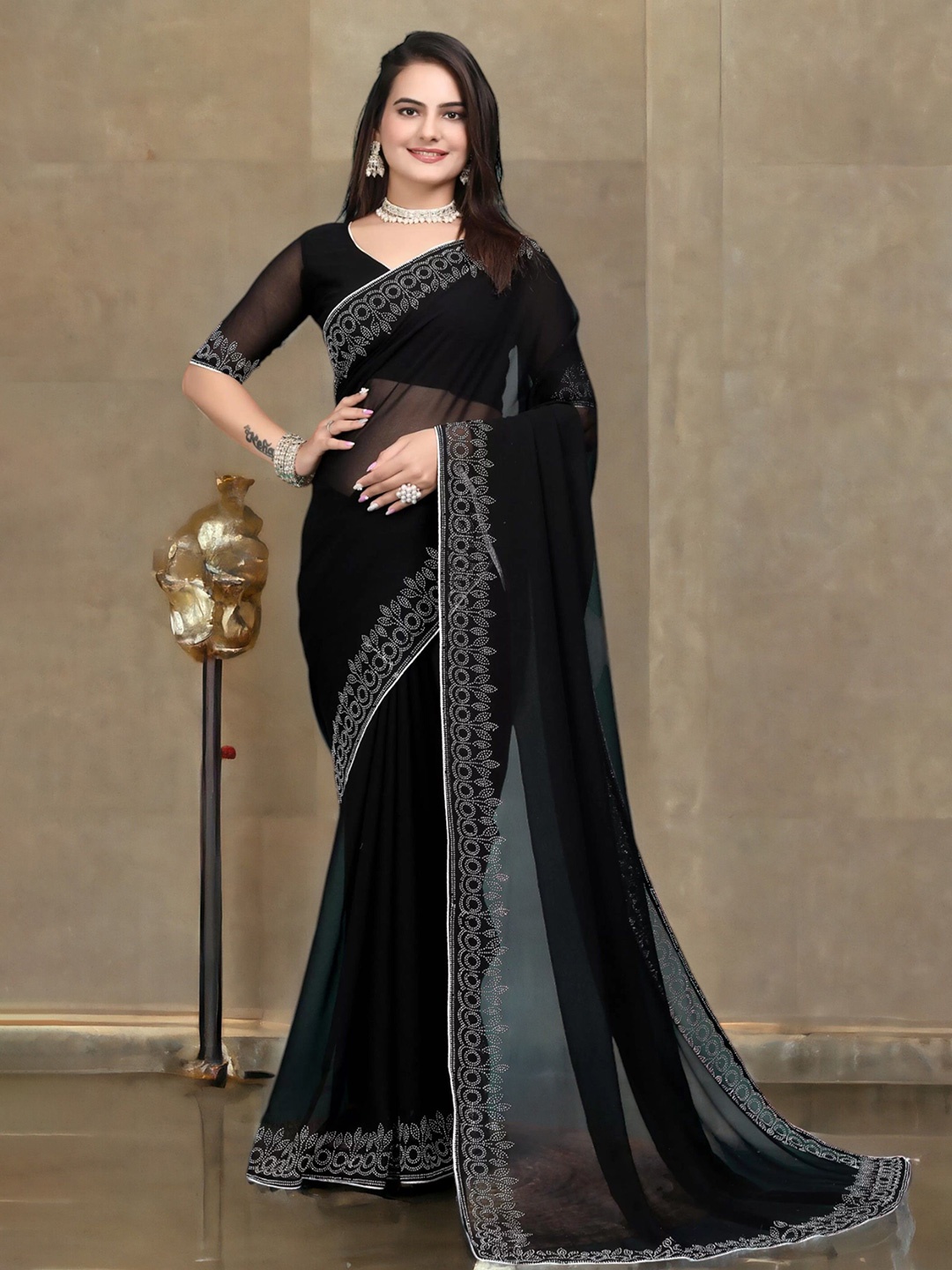 

The Textile Hub Beads and Stones Pure Georgette Saree, Black