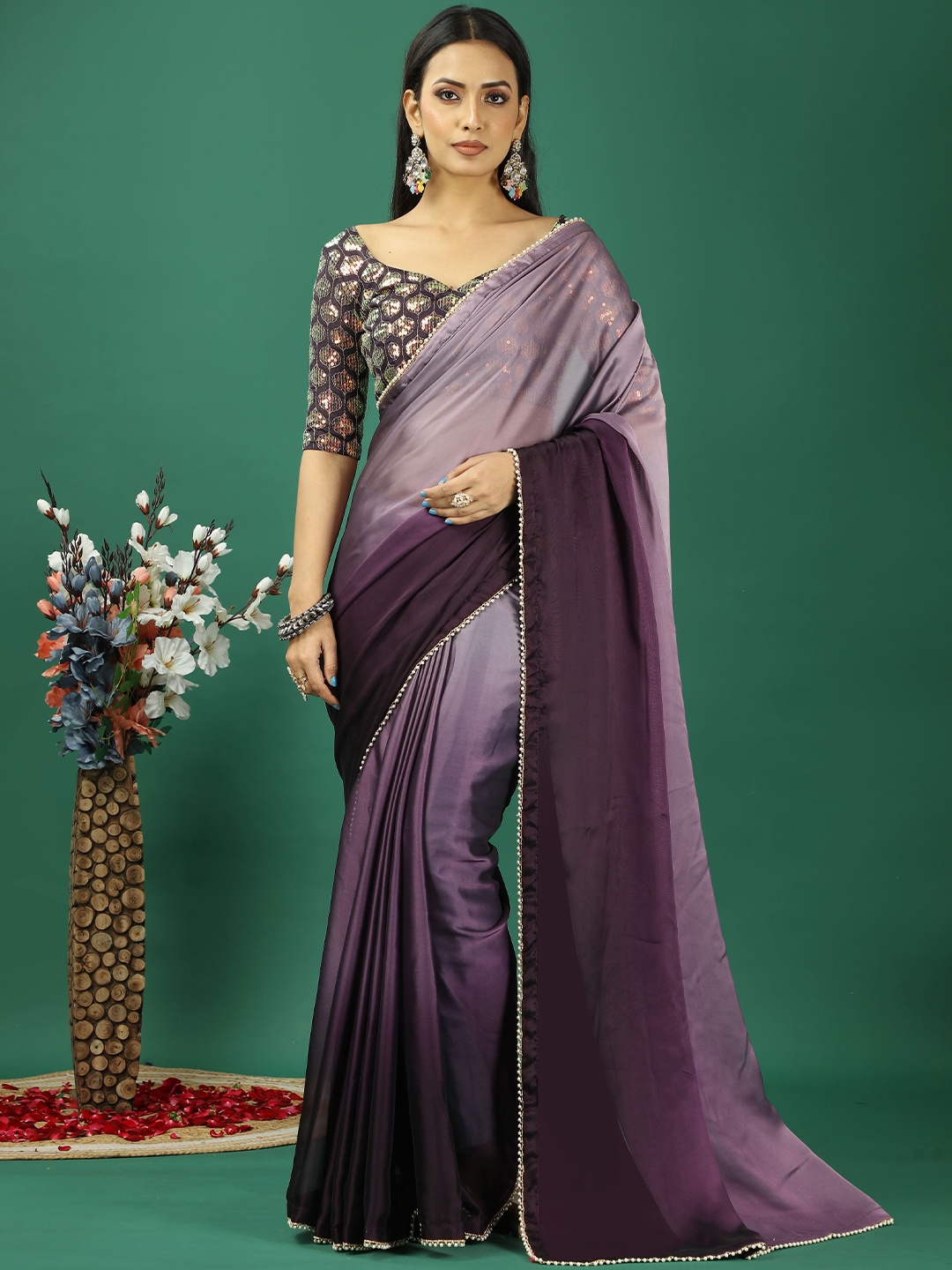 

KAYOMMI Ombre Embellished Banarasi Saree, Purple