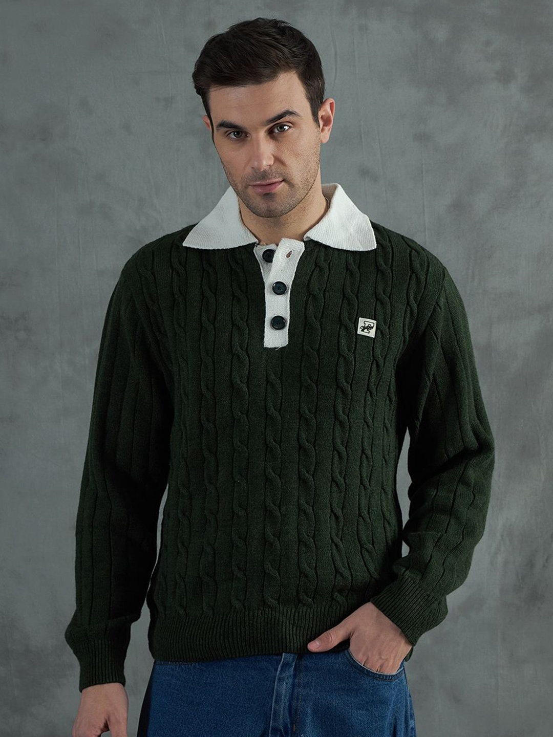 

FUGAZEE Men Cable Knit Self Design Pullover, Green