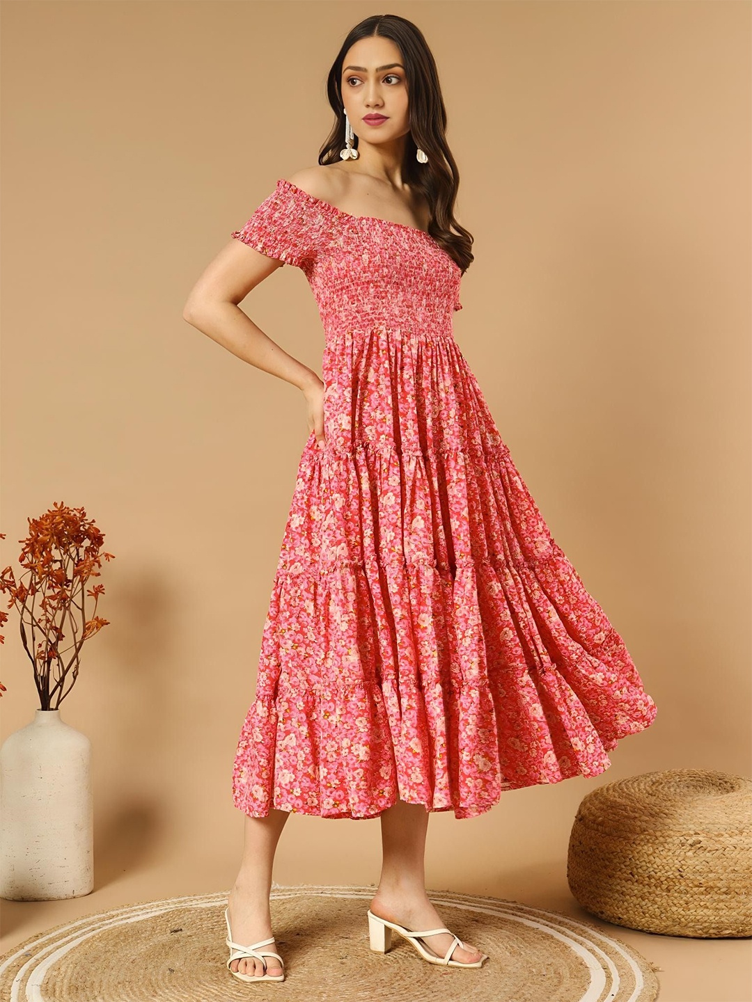 

Krunal Raiyani Floral Printed Off-Shoulder Smocked Crepe Fit & Flare Dress, Pink