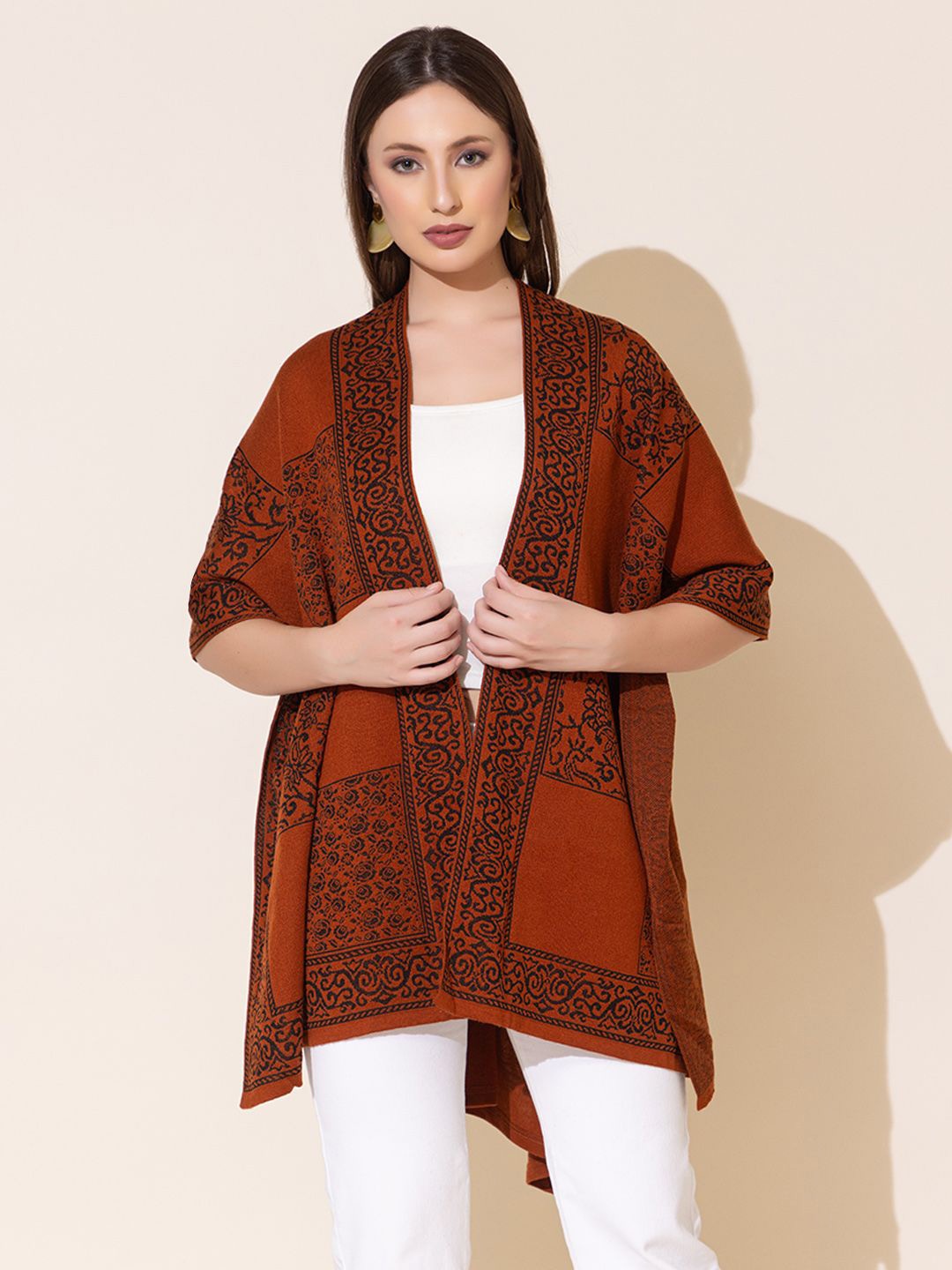 

KEIKO Self Design Open Front Shrug, Rust