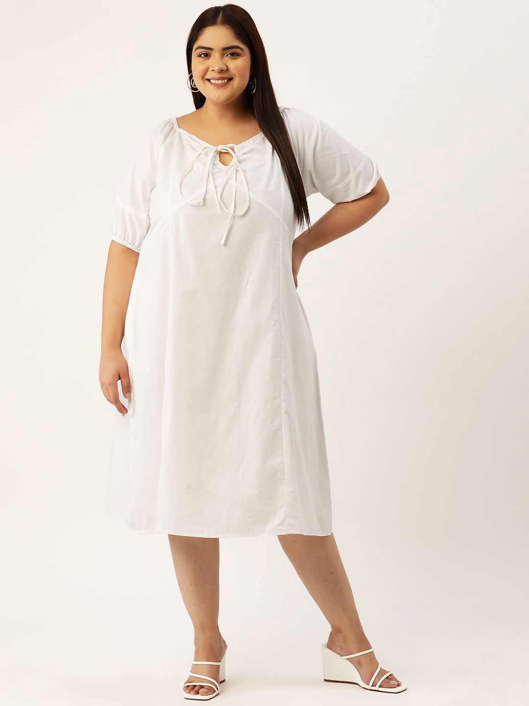 

theRebelinme Women Tie-Up Neck Pure Cotton Plus Size A-Line Midi Dress, White