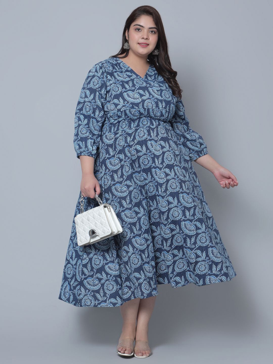 

Raiyani Enterprise Women Floral Printed Fit & Flare Midi Dress, Blue