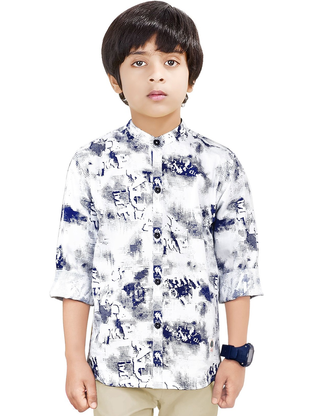 

MADE IN THE SHADE Boys Band Collar Abstract Printed Cotton Casual Shirt, White