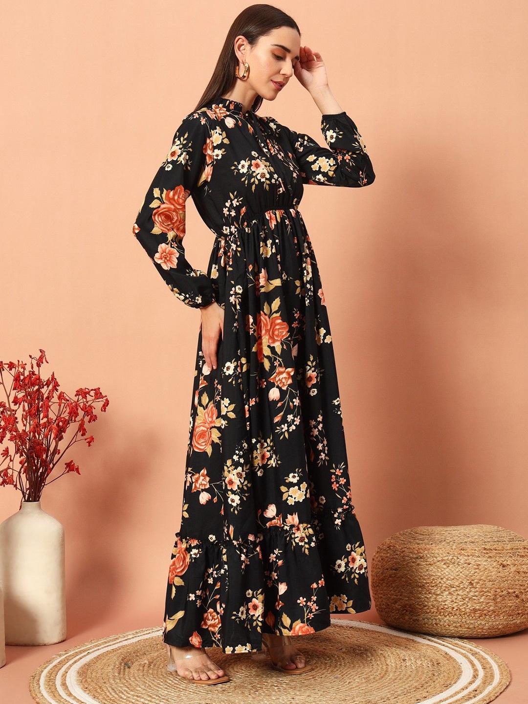 

Raiyani Enterprise Women Printed Tie-Up Neck Crepe Fit & Flare Maxi Dress, Gold