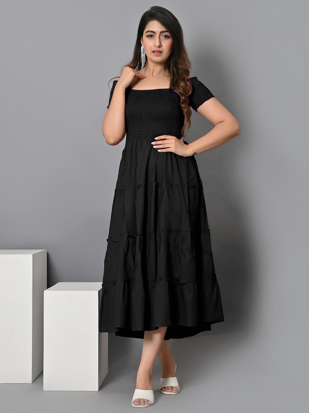 

Femvy Off-Shoulder Smocked Crepe Fit & Flare Midi Dress, Black