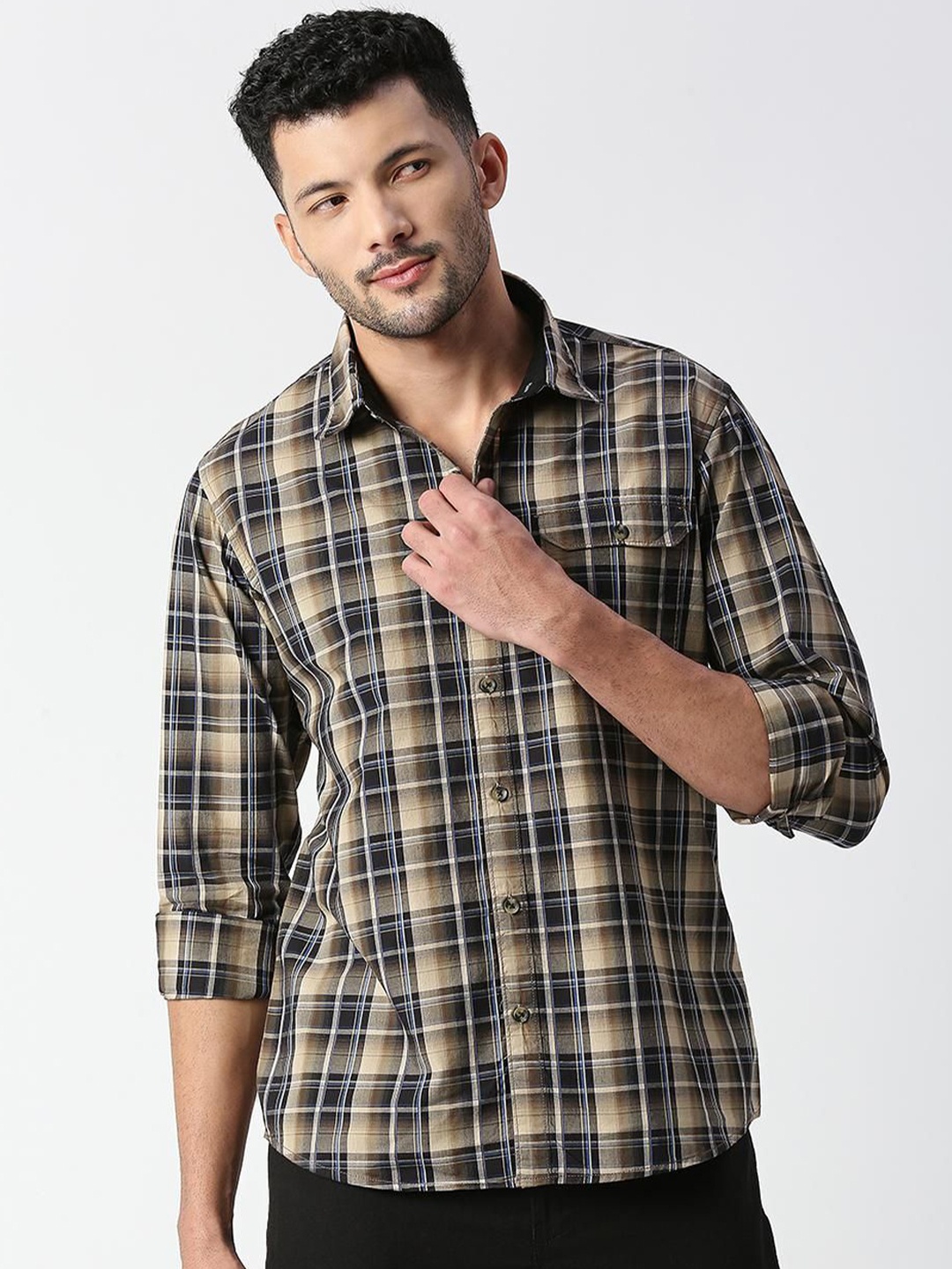 

SNX Men Spread Collar Tartan Checked Cotton Casual Shirt, Black