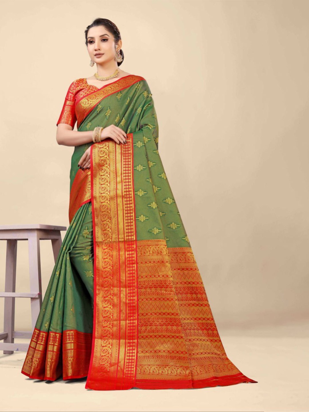 

ZIBLON Woven Design Zari Pure Silk Kanjeevaram Saree, Green