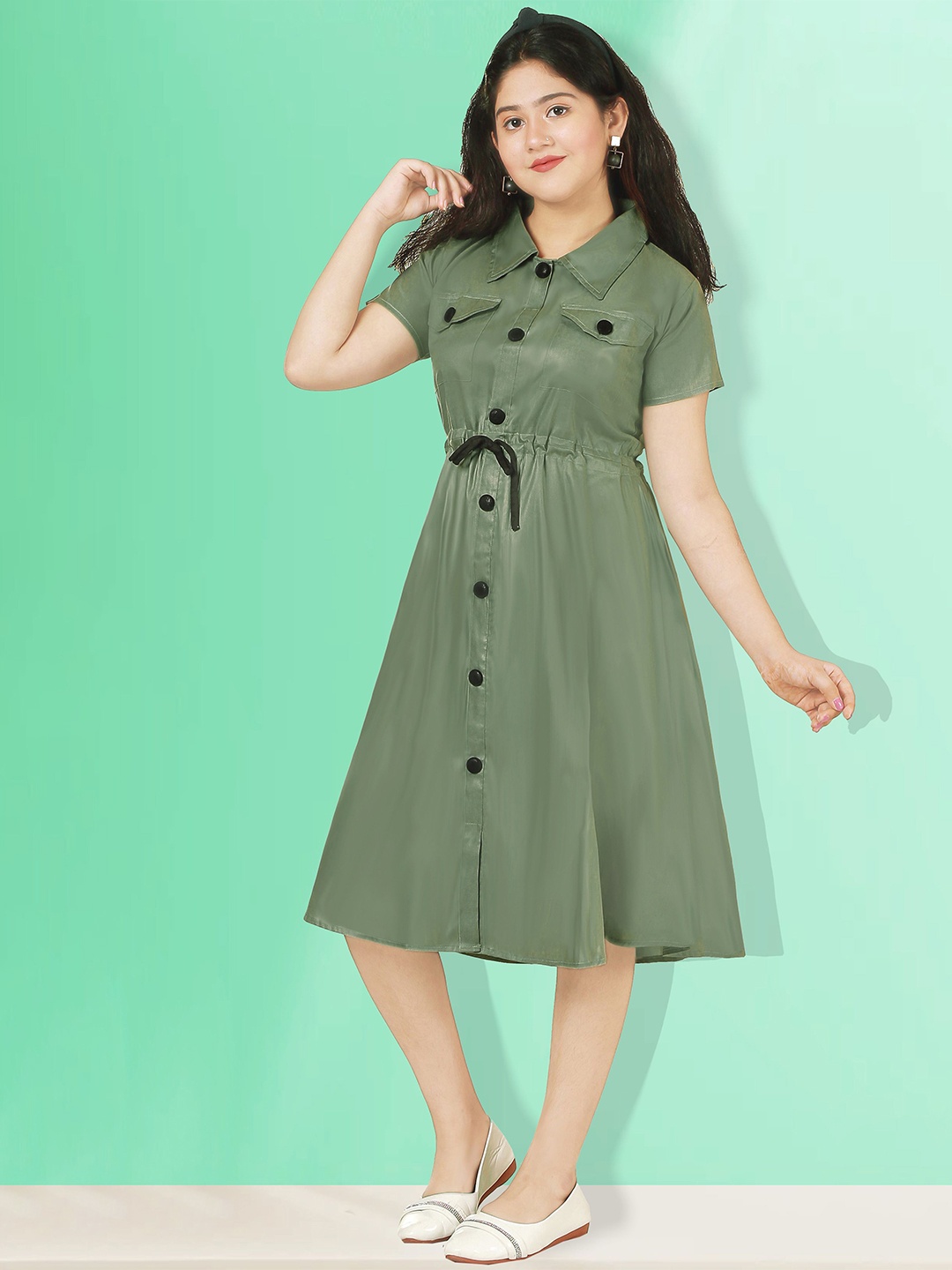 

KAARIGARI Girls Shirt Collar Cotton A-Line Dress, Green