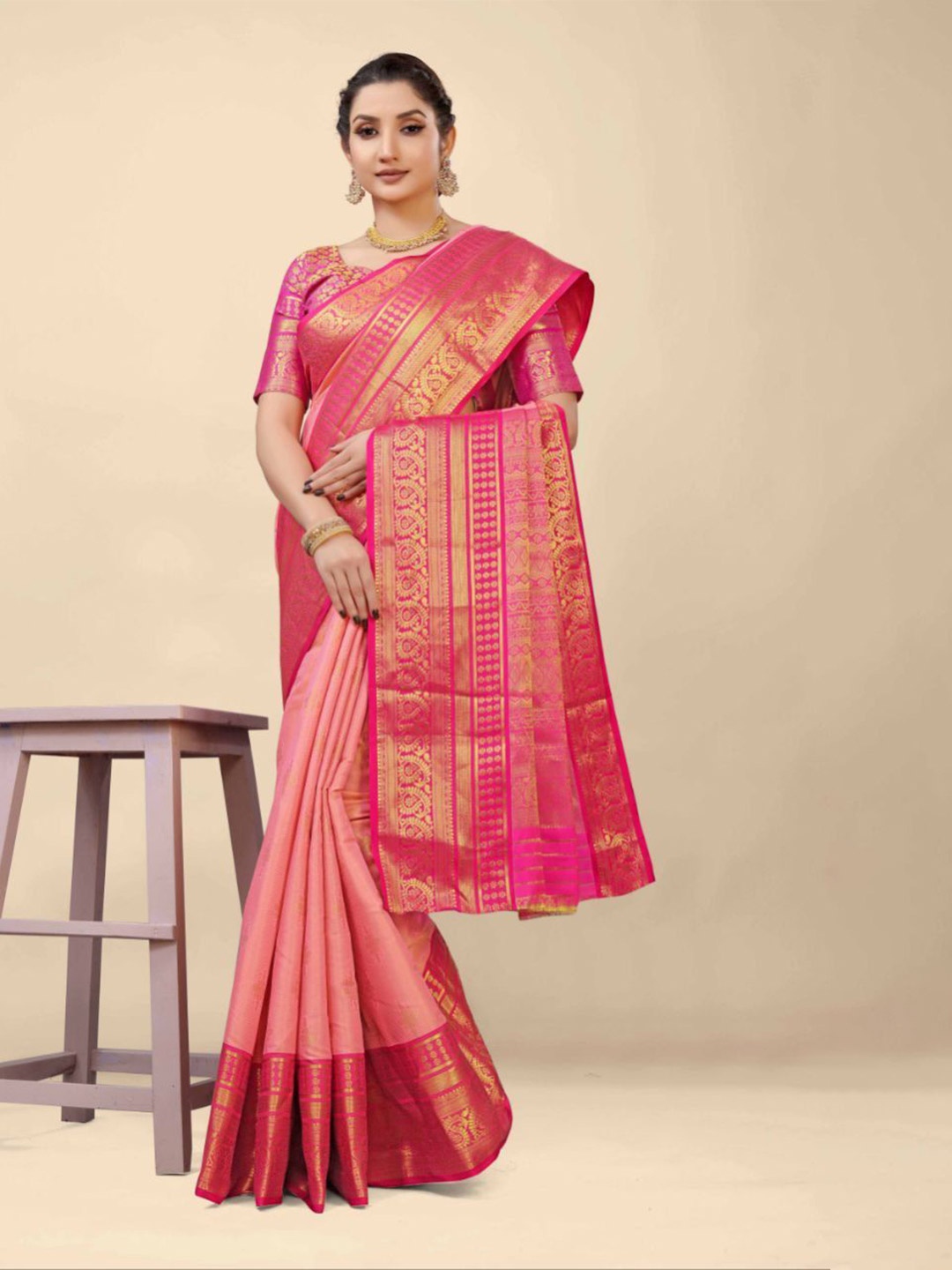 

ZIBLON Woven Design Zari Pure Silk Kanjeevaram Saree, Pink