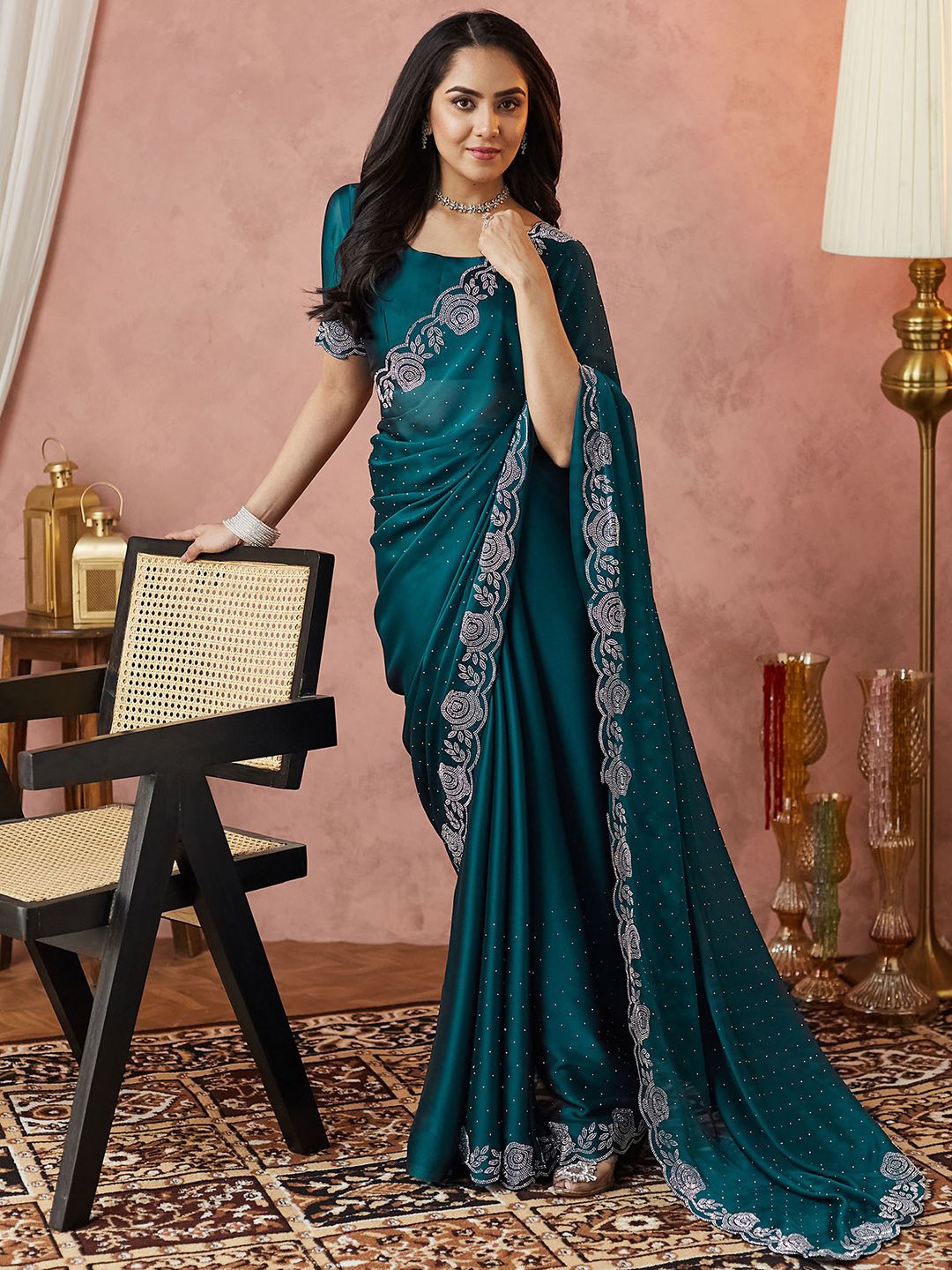 

Satrani Embellished Beads and Stones Pure Georgette Saree, Teal