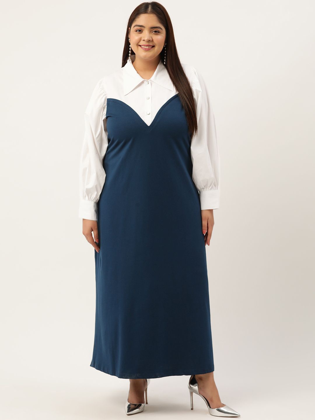 

theRebelinme Plus Size Colourblocked Shirt Collar Cuffed Sleeves A-Line Maxi Dress, Blue