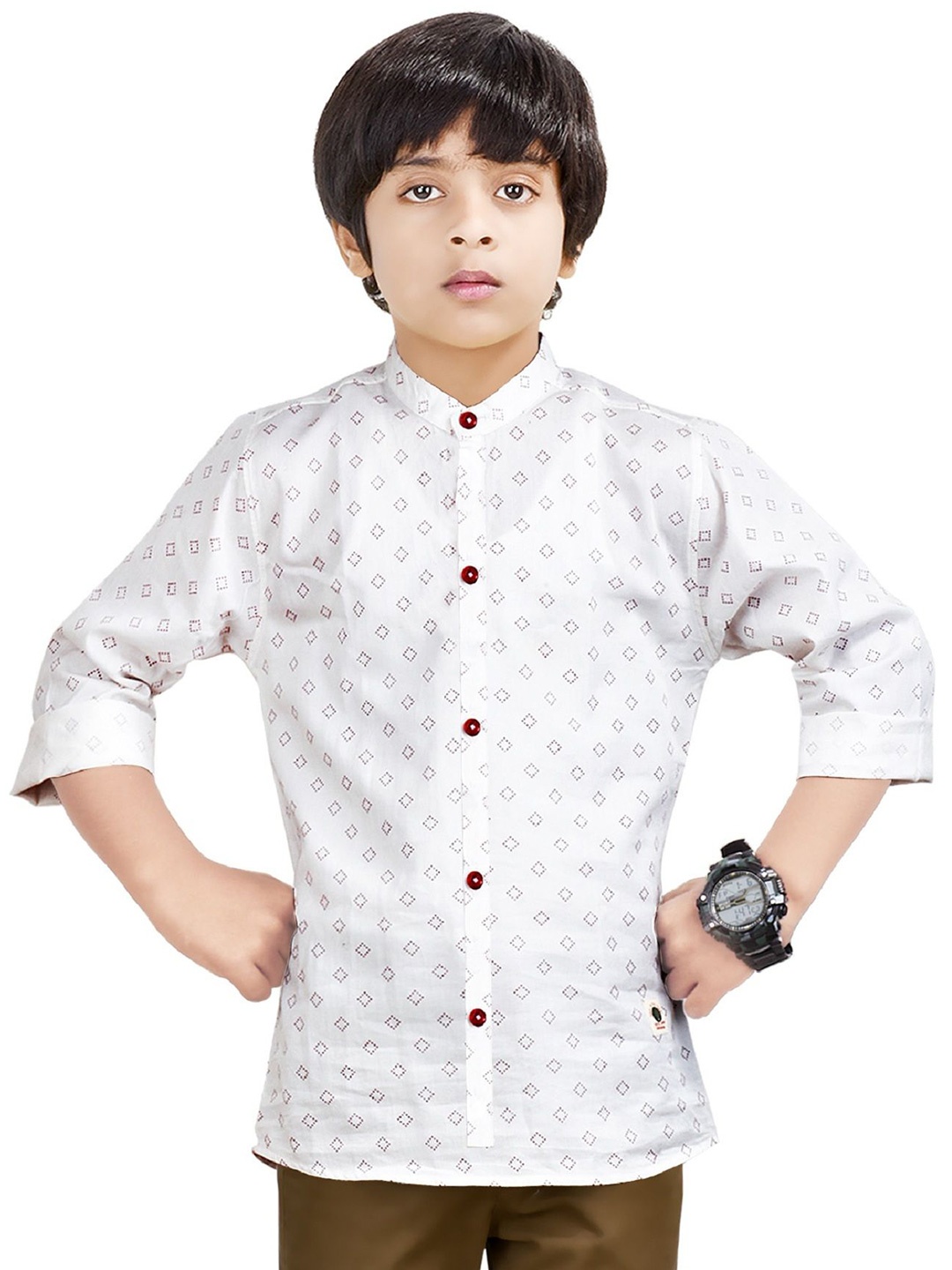 

MADE IN THE SHADE Boys Band Collar Geometric Printed Cotton Casual Shirt, White