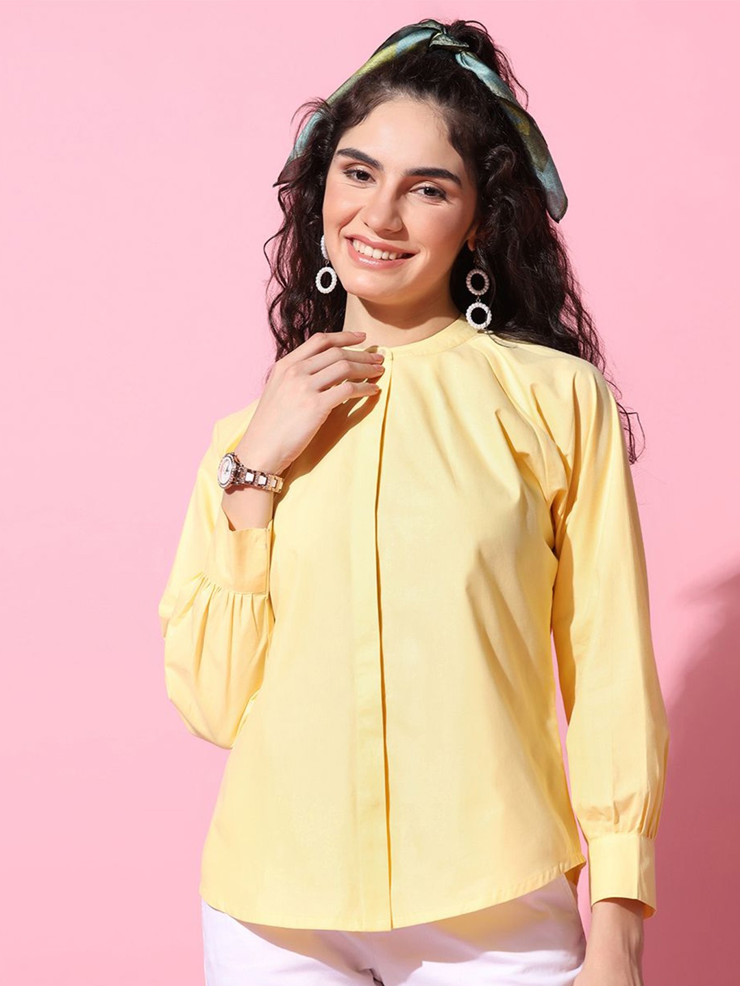 

Moda Rapido Women Mandarin Collar Shirt Style Top, Yellow