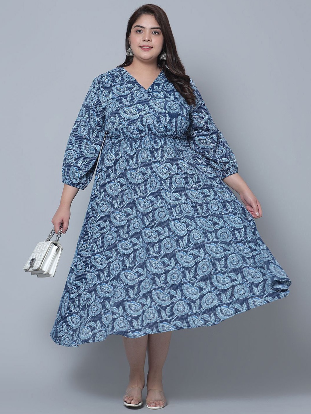 

Krunal Raiyani Women Floral Print Applique Crepe Fit & Flare Maxi Dress, Blue