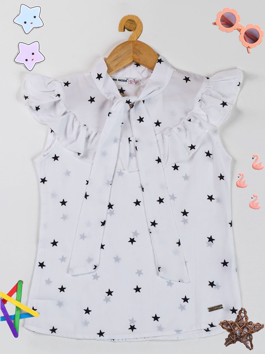 

PAMPOLINA Girls Printed Ruffles Tie-Up Neck Top, White