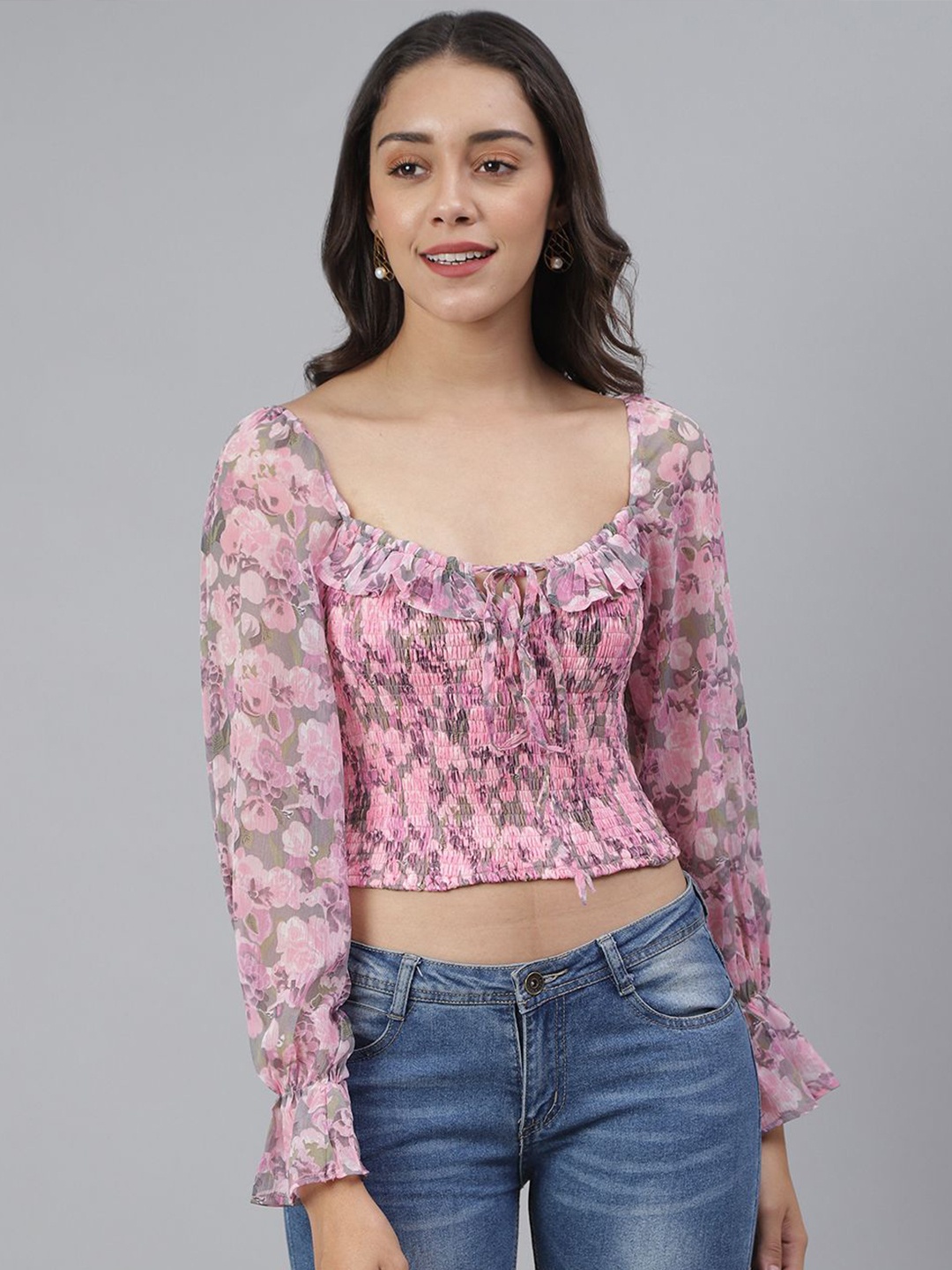 

BAESD Women Floral Printed Chiffon Crop Top, Pink