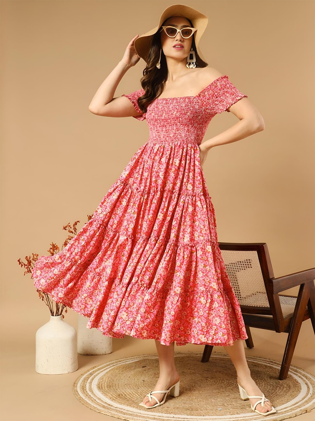 

Krunal Raiyani Women Floral Printed Off-Shoulder Smoked Tired Fit & Flare Midi Dress, Peach