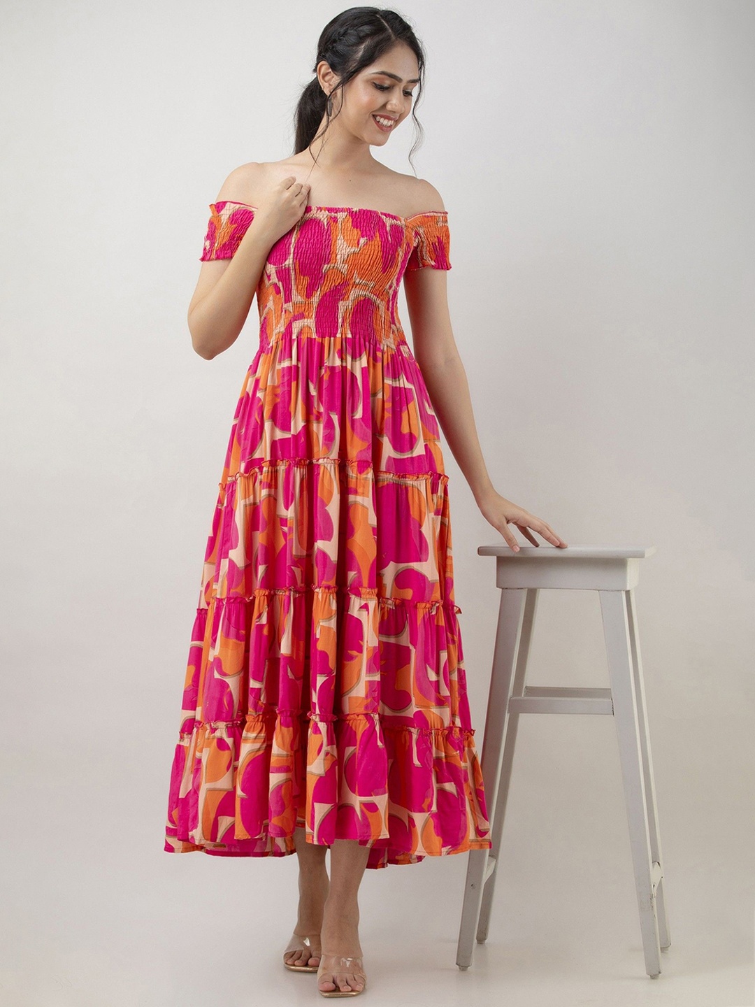 

Krunal Raiyani Printed Off-Shoulder Tiered Fit & Flare Midi Dress, Orange
