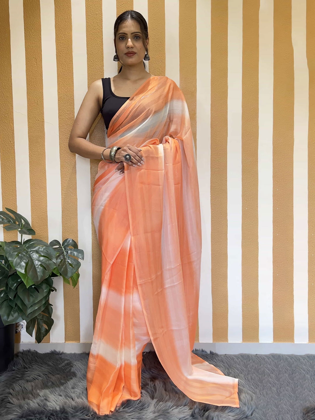 

DIVASTRI Striped Pure Chiffon Ready to Wear Saree, Orange