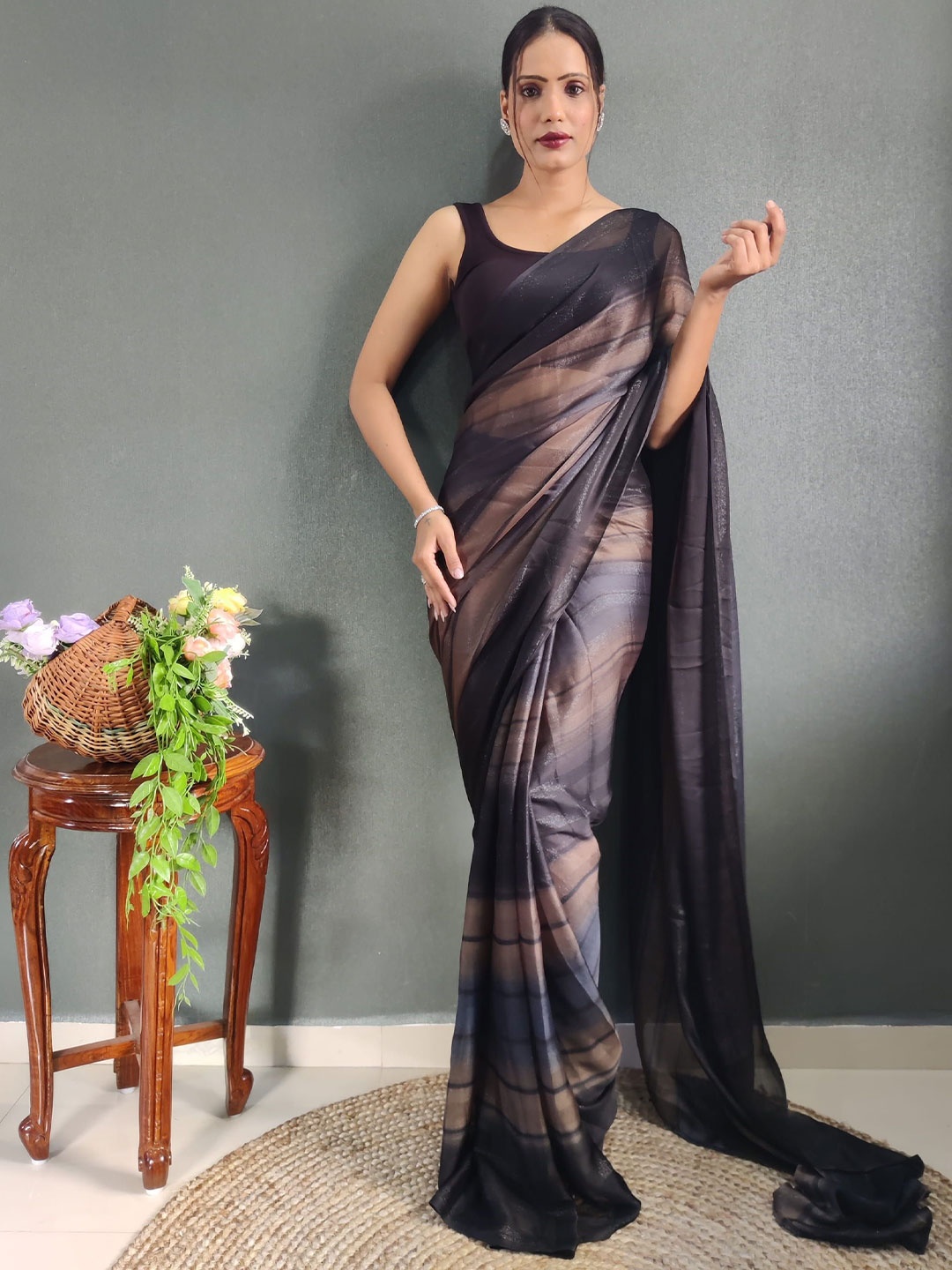 

DIVASTRI Striped Pure Crepe Ready to Wear Saree, Brown