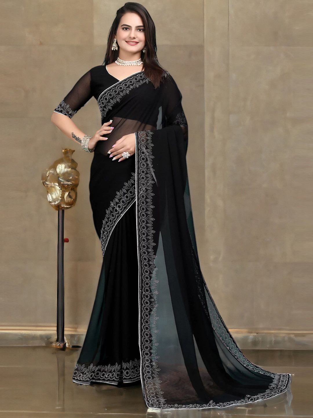 

Ambuja International Beads and Stones Pure Georgette Saree, Black