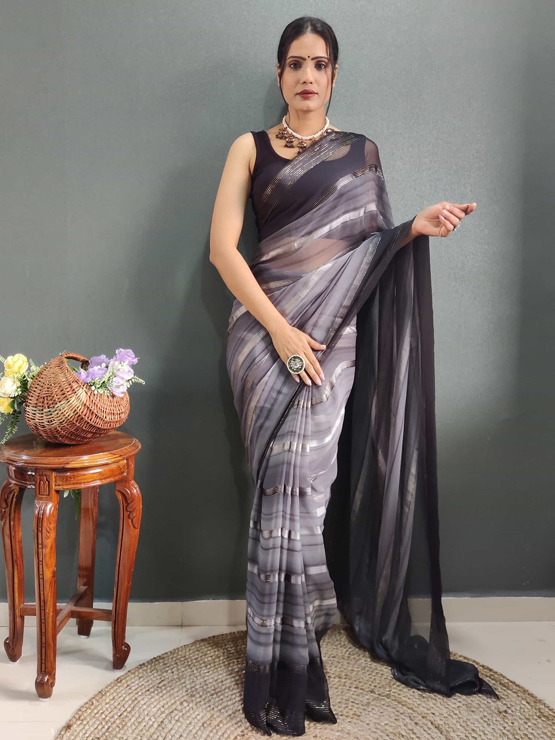 

DIVASTRI Striped Ombre Pure Chiffon Ready to Wear Saree, Grey
