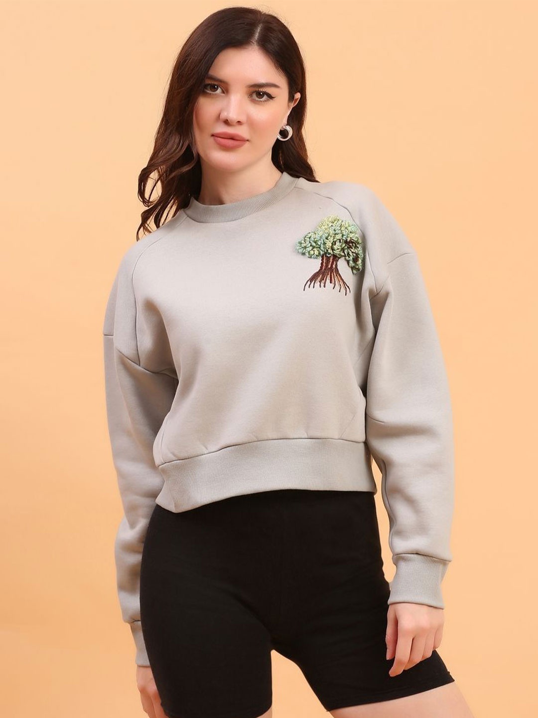 

ECO LEAS BY SHIPRA Women Embroidered High Neck Sweatshirt, Grey