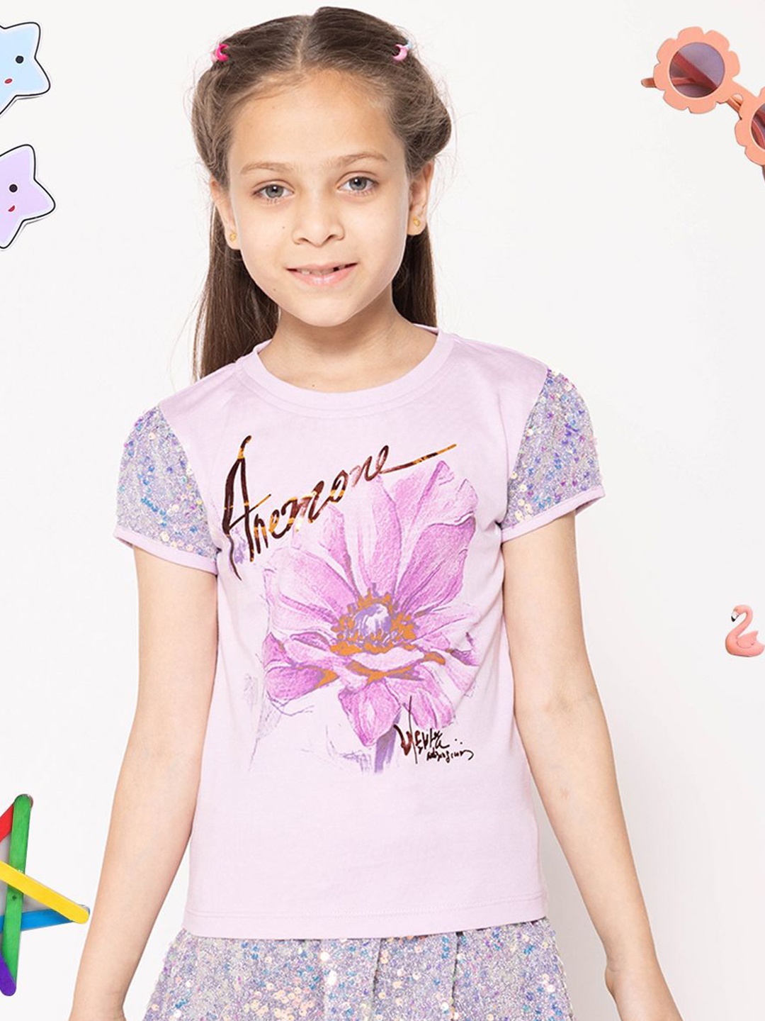 

PAMPOLINA Girls Floral Printed Sequined Top, Lavender