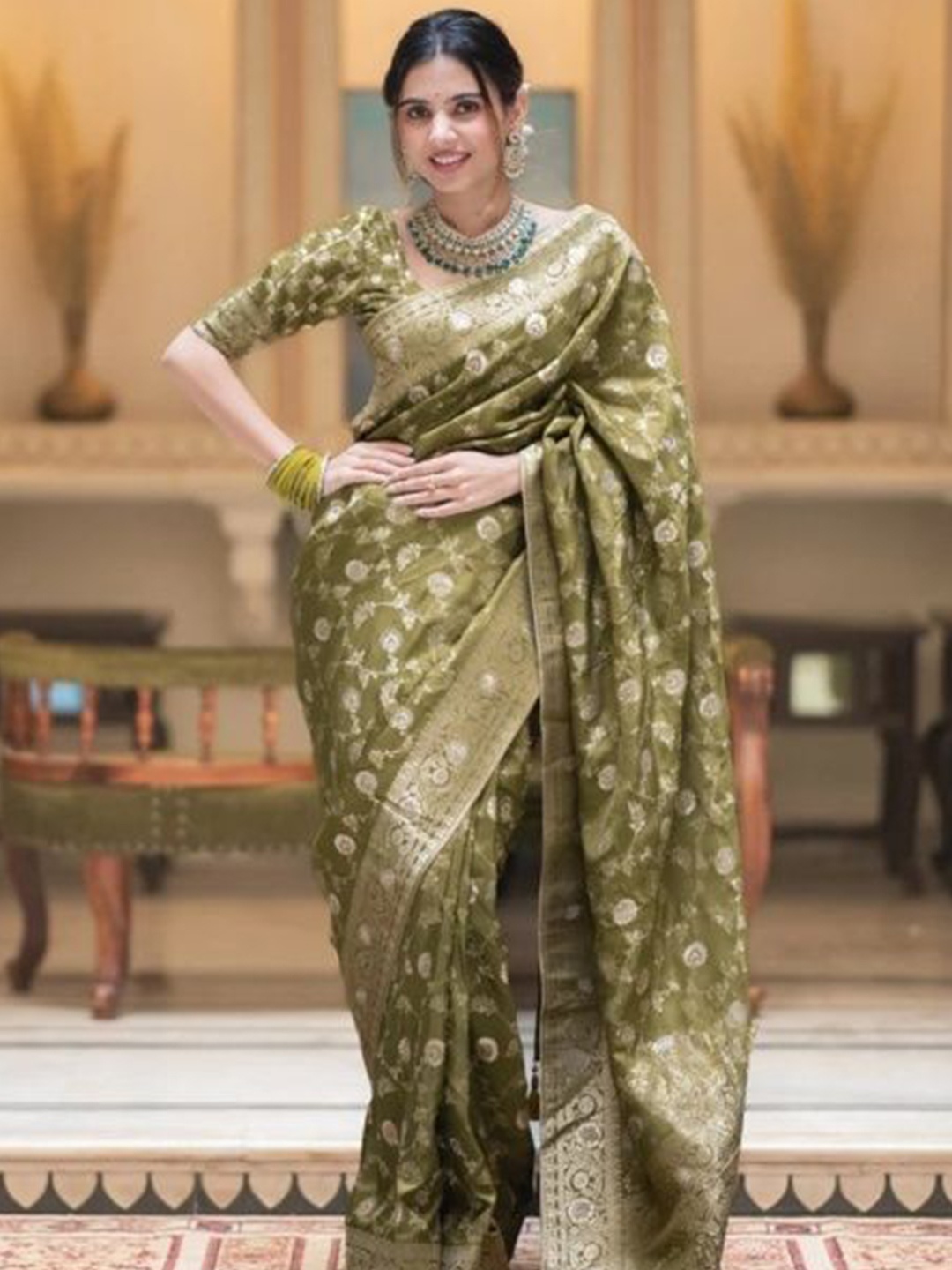 

PHEASANT Ethnic Motifs Zari Banarasi Saree, Green