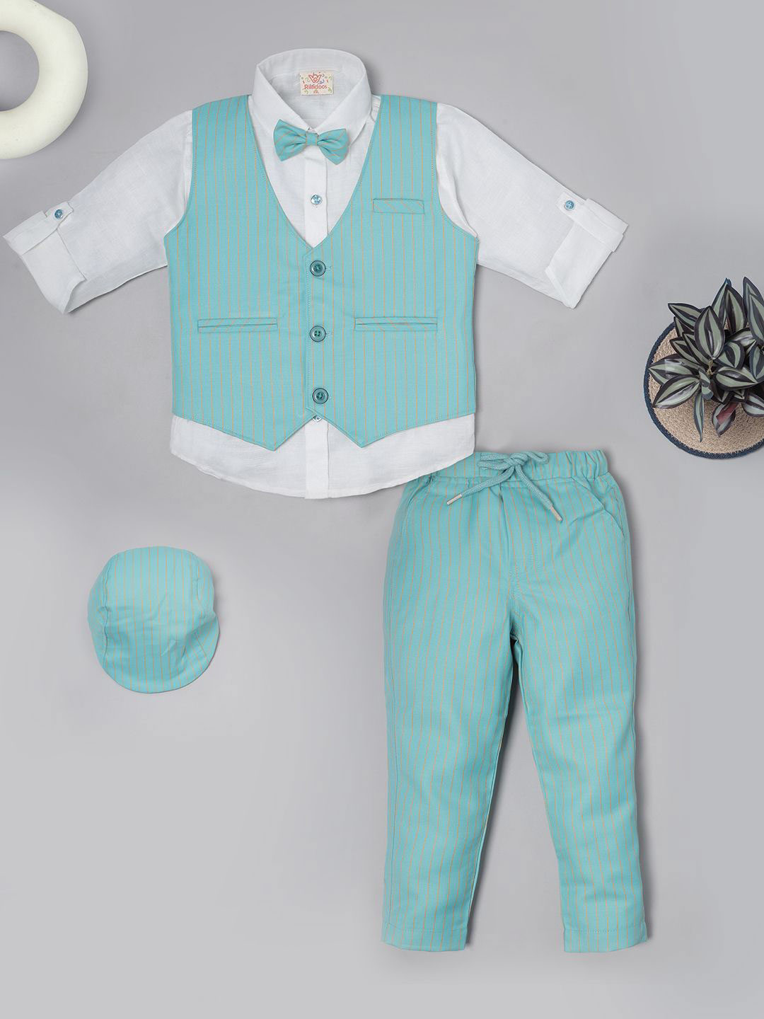 

Ridokidz Boys Striped Single-Breasted 3 Piece Suits, Sea green