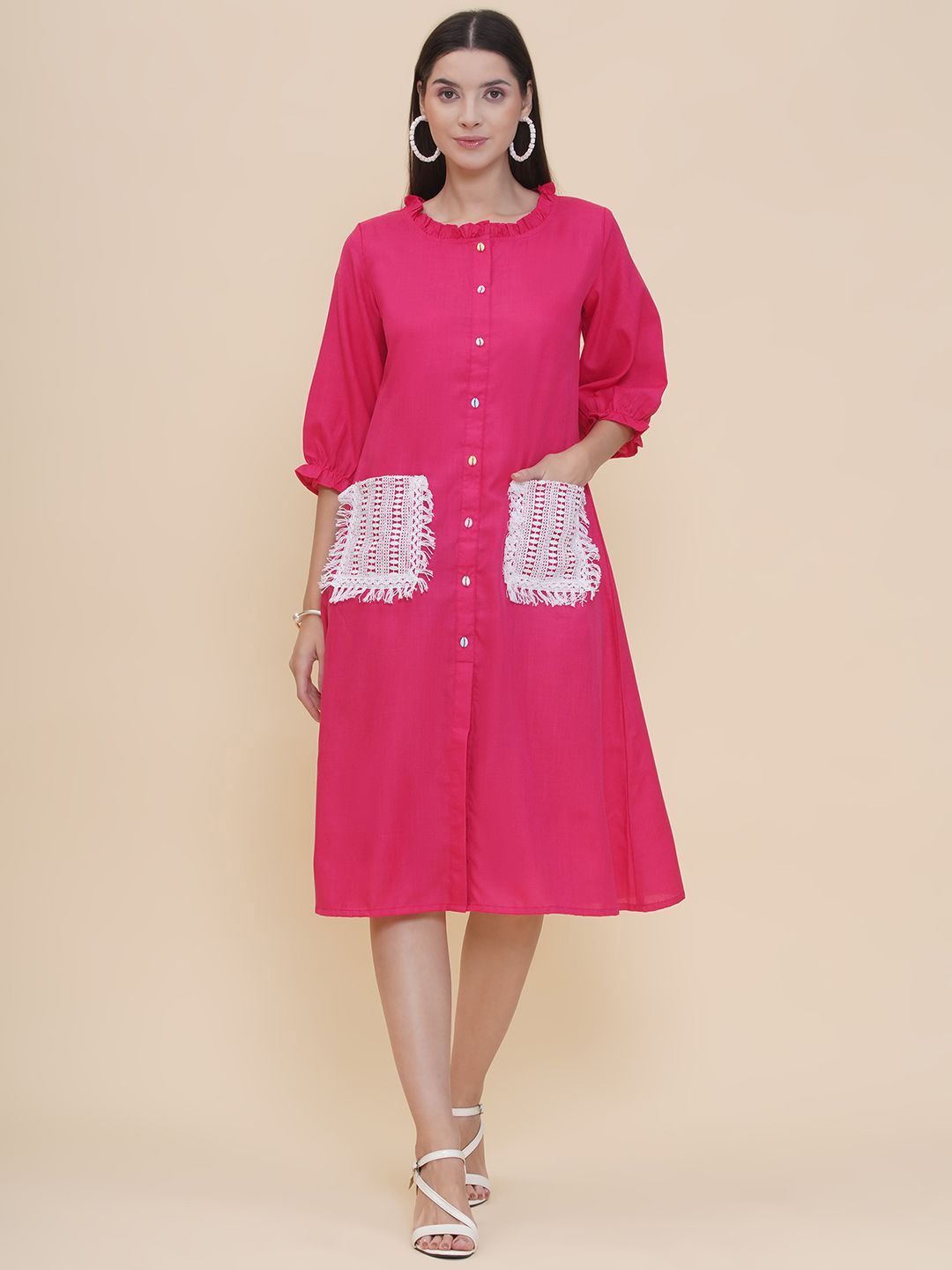 

Modish Couture Puff Sleeve Pure Cotton A-Line Dress, Pink