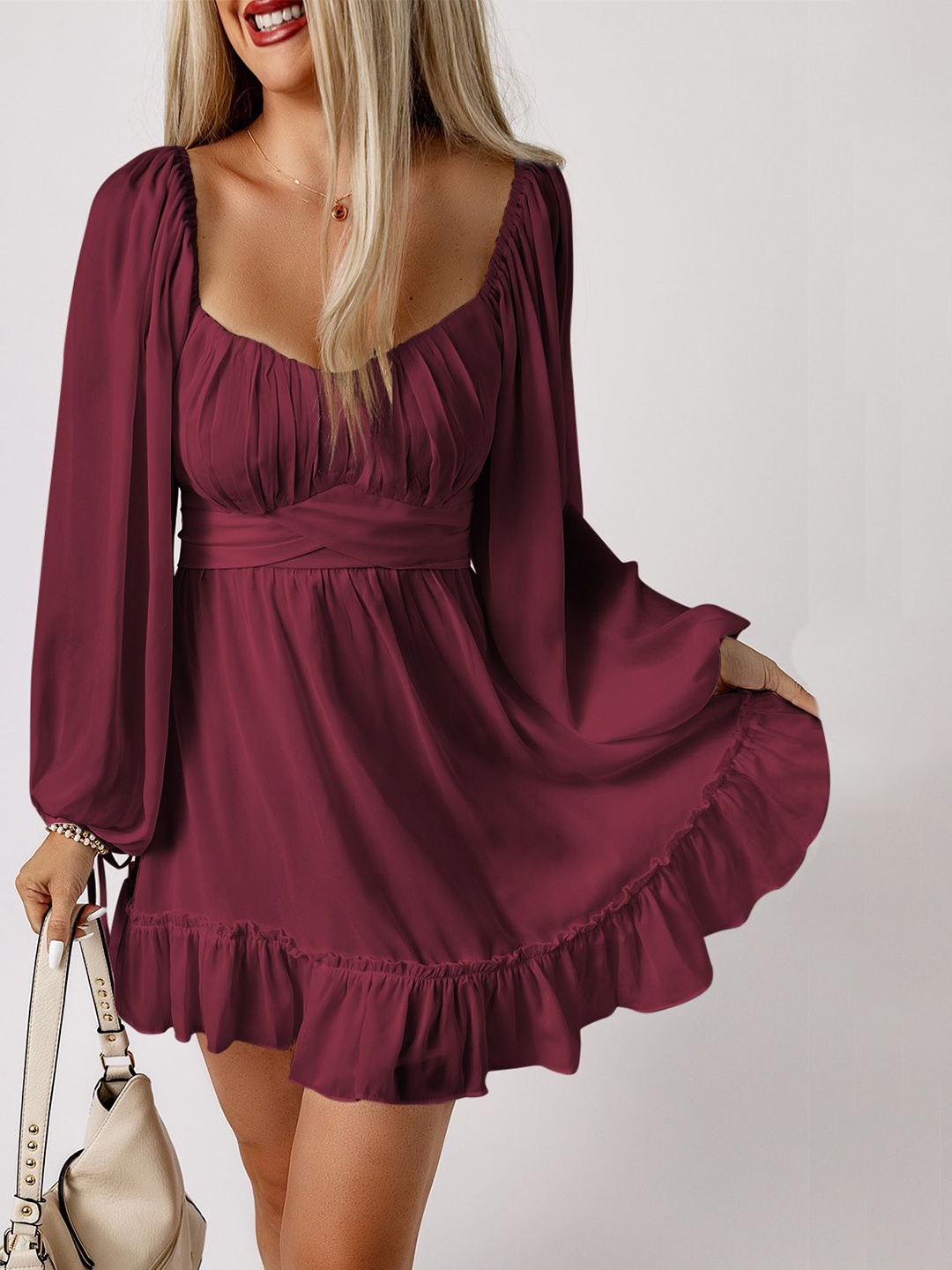 

Errabelly Women Puff Sleeves Fit & Flare Mini Dress, Red