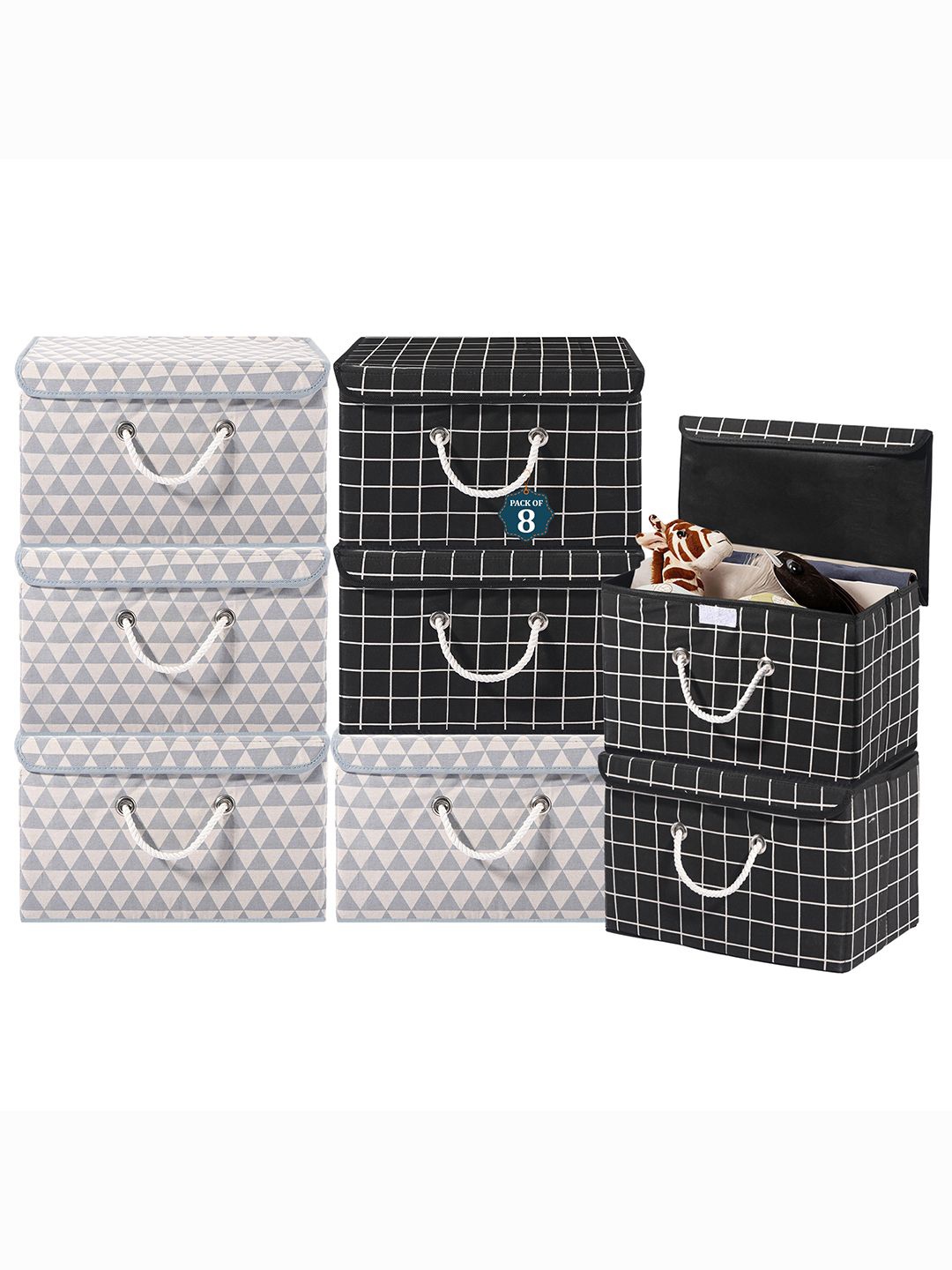 

Kuber Industries Grey Set of 8 Reusable Drawer Organiser Printed Storage Basket