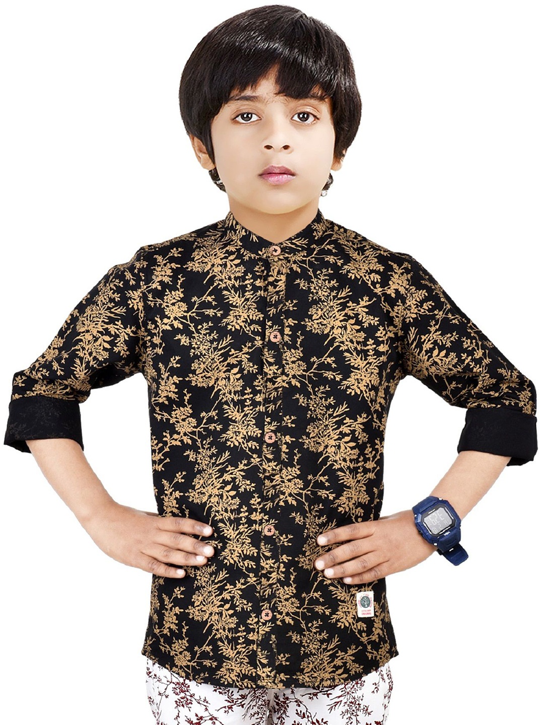 

MADE IN THE SHADE Boys Band Collar Floral Printed Cotton Casual Shirt, Black