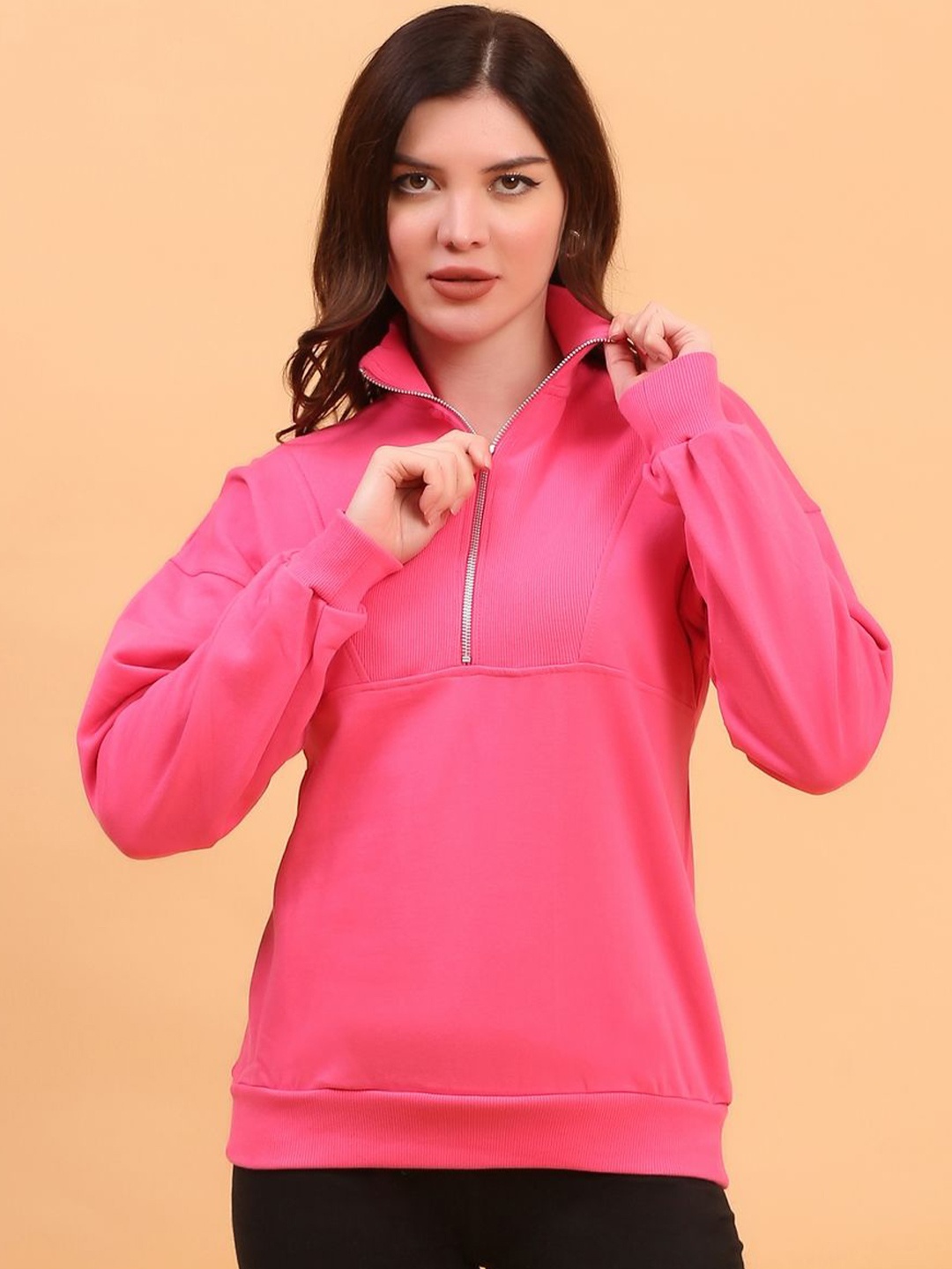 

ECO LEAS BY SHIPRA Women Mock Collar Pullover Cotton Sweatshirt, Pink