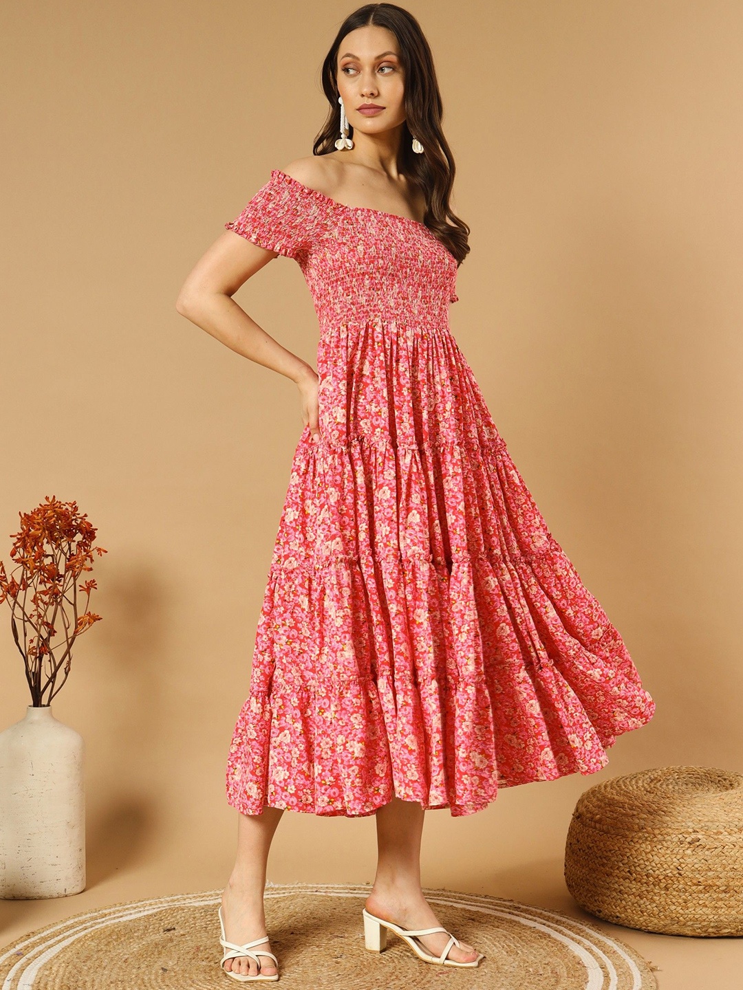 

Femvy Women Floral Printed Off-Shoulder Fit & Flare Midi Dress, Peach