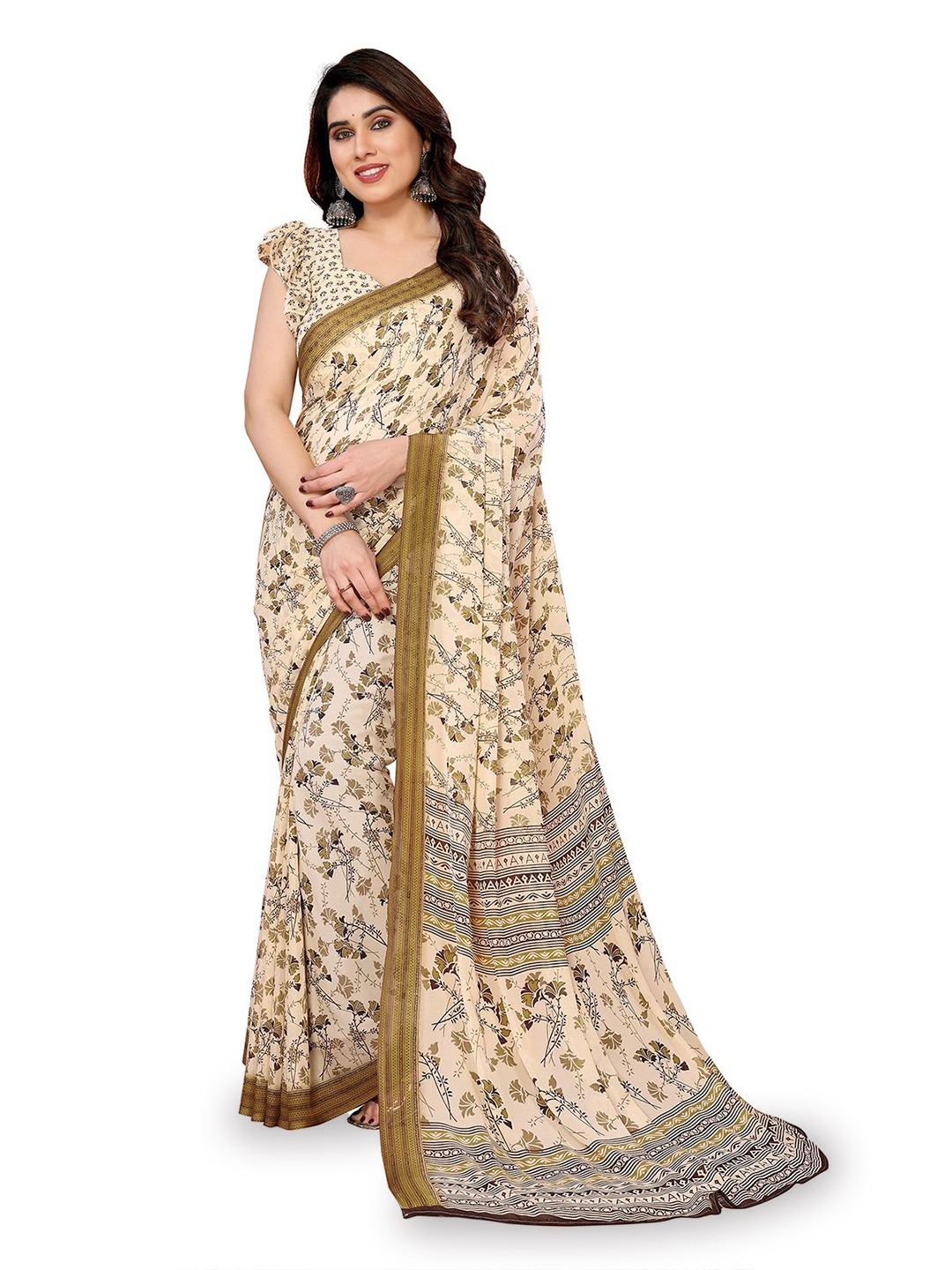

Moda Rapido Floral Printed Saree With Blouse Piece, Cream