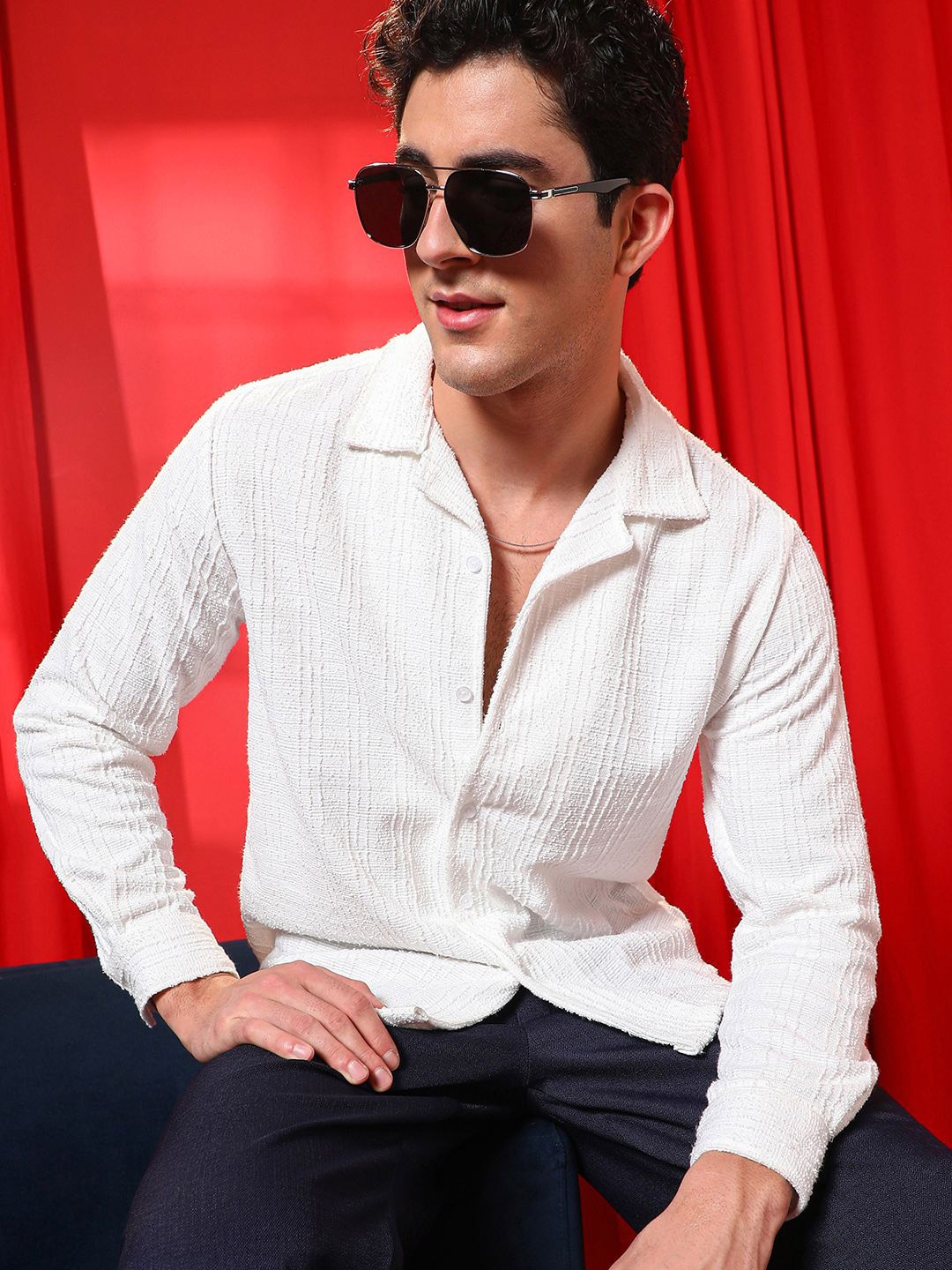 

Campus Sutra Men Comfort Fit Cuban Collar Textured Casual Shirt, White