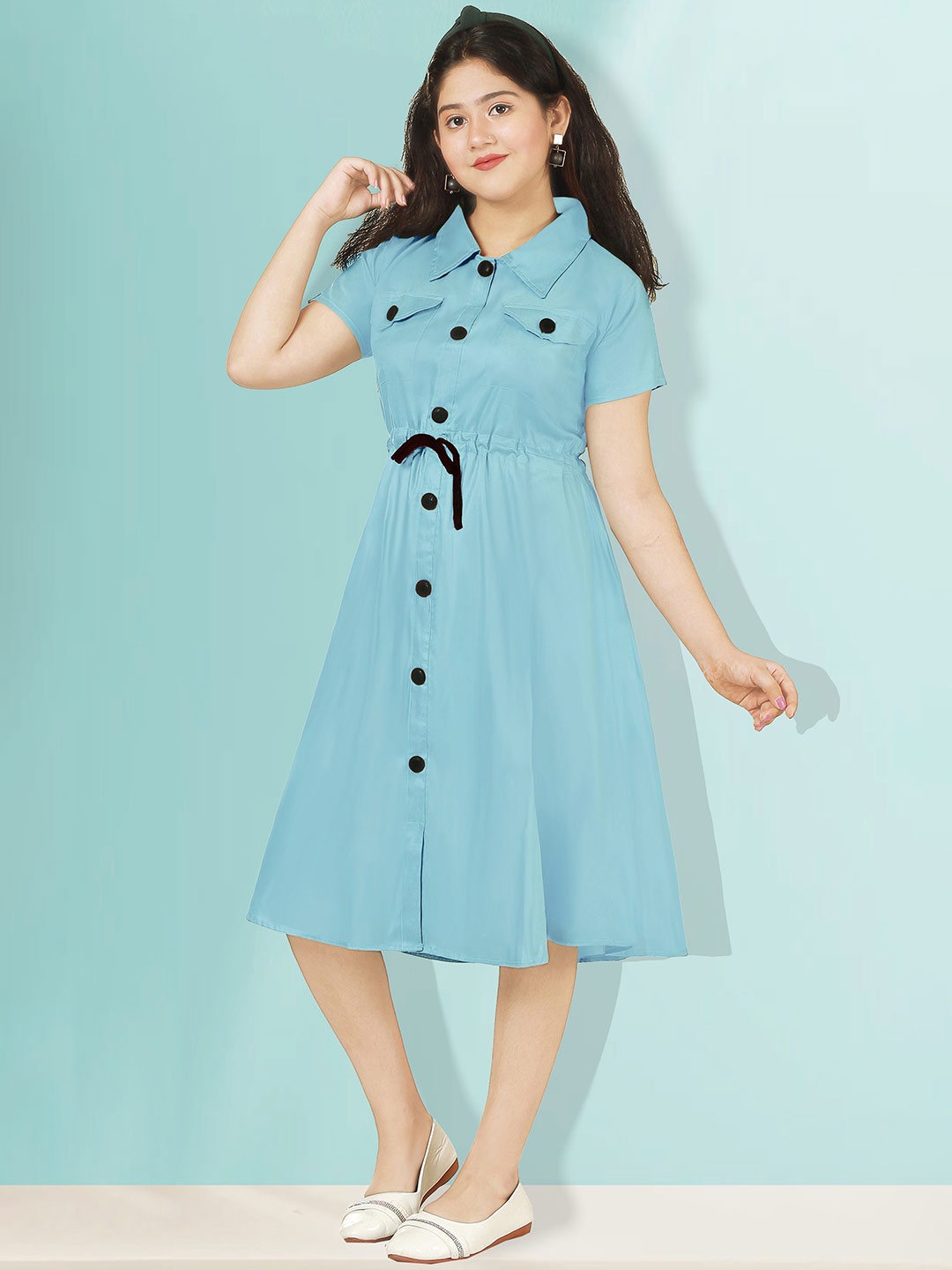 

KAARIGARI Girls Shirt Collar Cotton Shirt Midi Dress, Blue