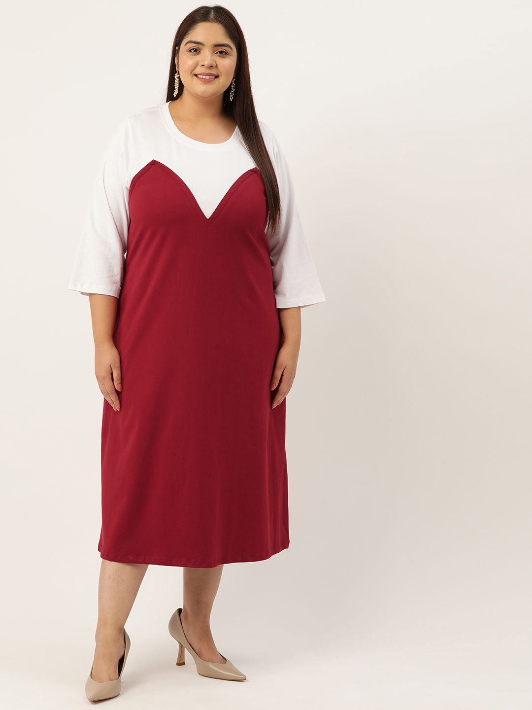 

theRebelinme Women Colourblocked A-Line Midi Plus Size Dress, Maroon