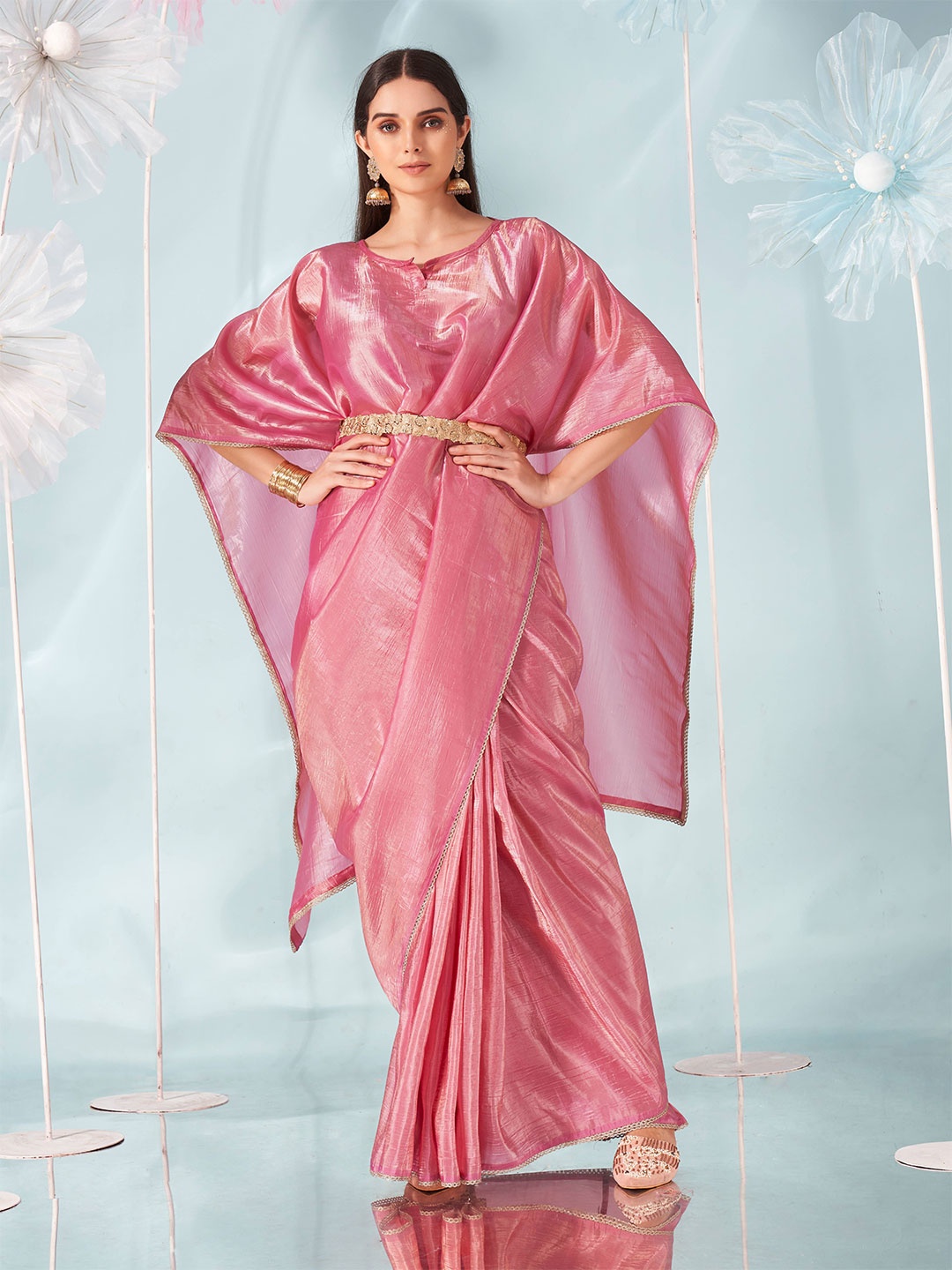 

Tikhi Imli Satin kaftan Saree With Embellished Belt, Pink