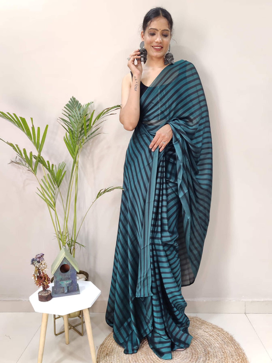 

DIVASTRI Women Striped Satin Ready to Wear Saree, Blue